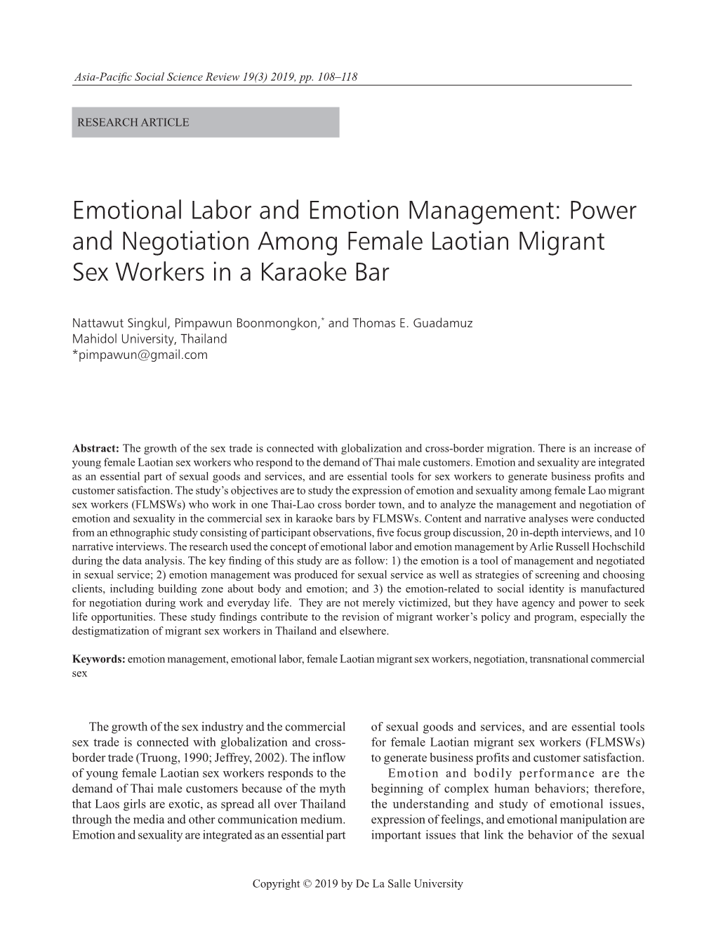 Emotional Labor and Emotion Management: Power and Negotiation Among Female Laotian Migrant Sex Workers in a Karaoke Bar