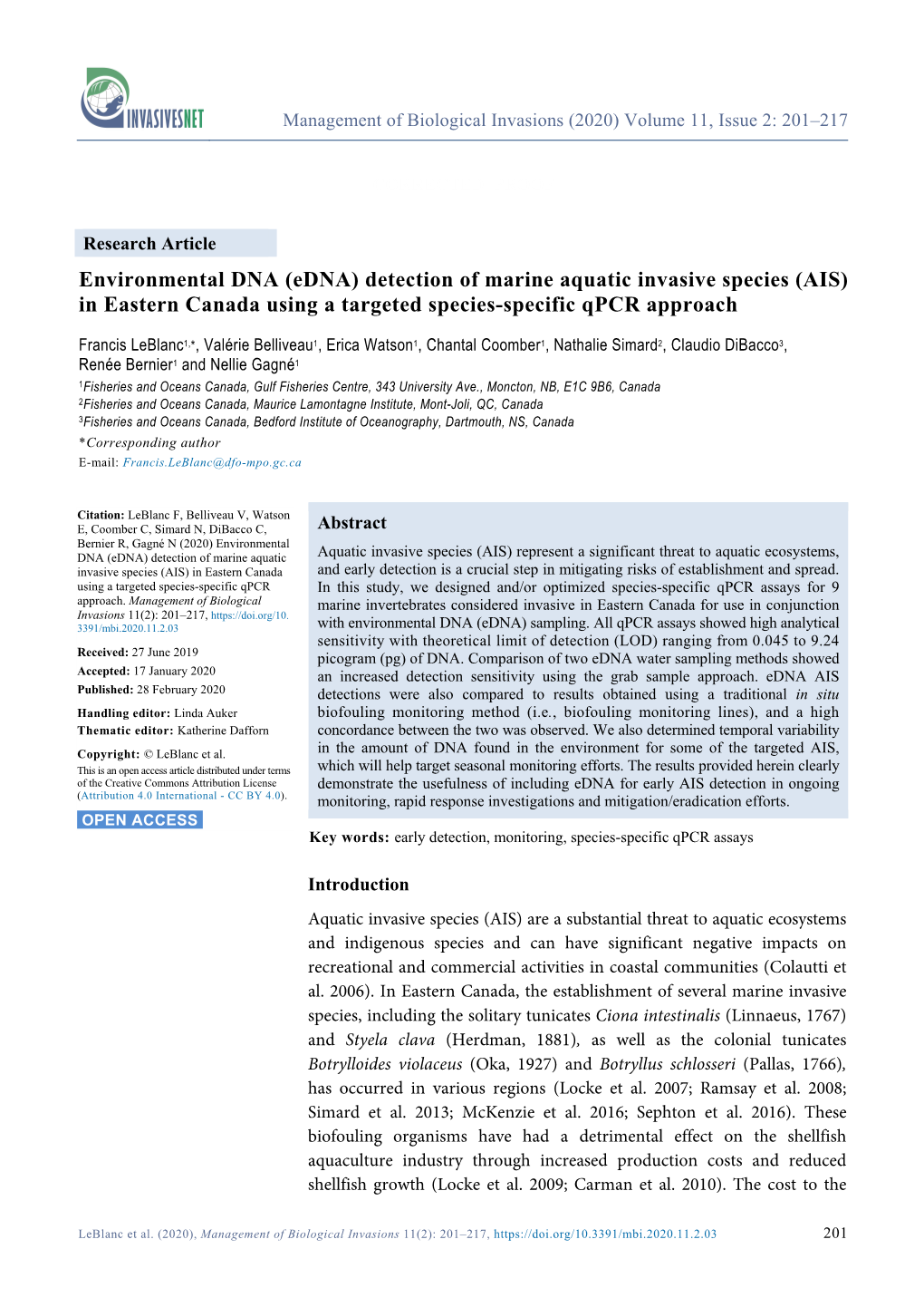 (Edna) Detection of Marine Aquatic Invasive Species (AIS) in Eastern Canada Using a Targeted Species-Specific Qpcr Approach