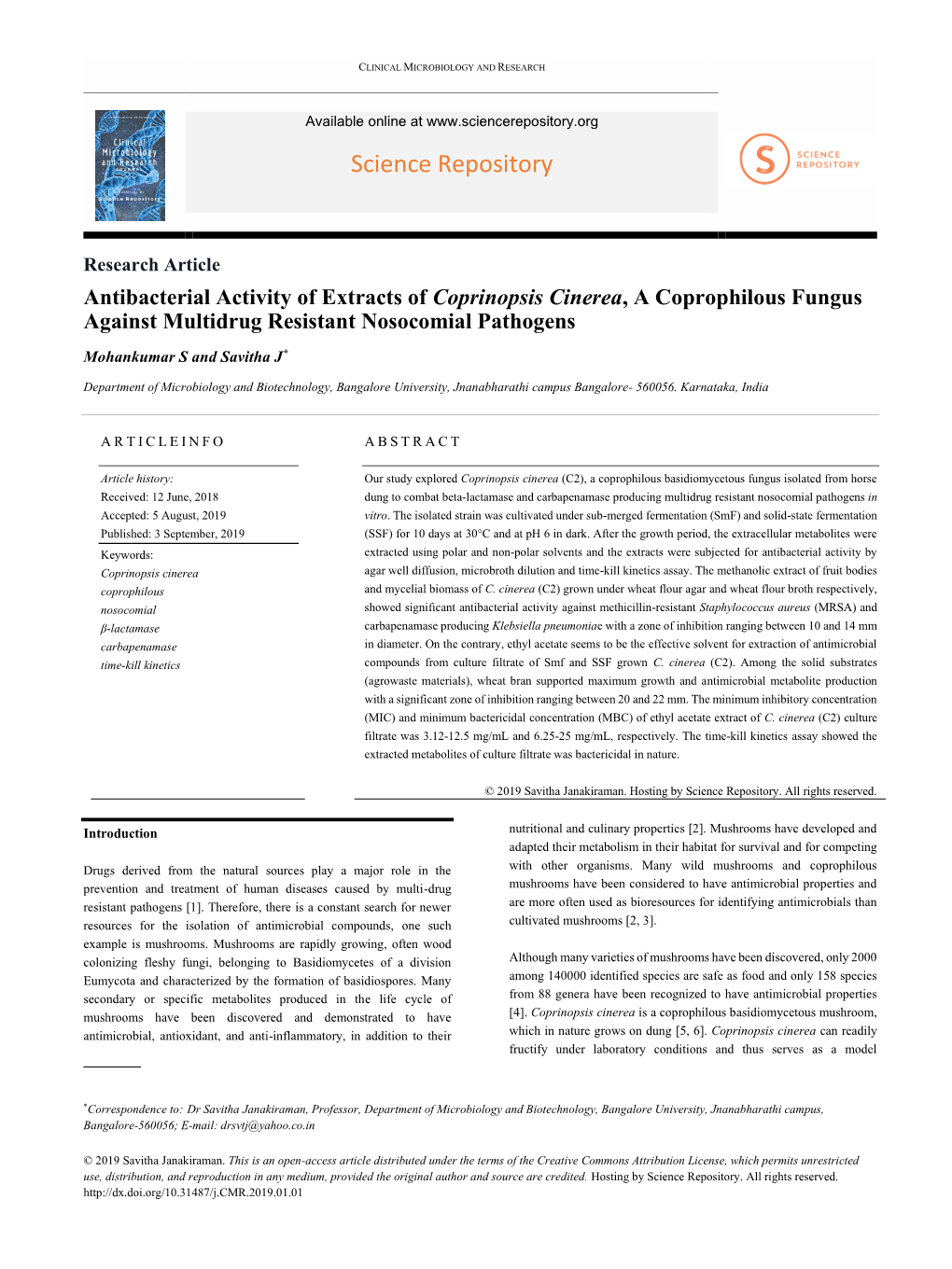 Antibacterial Activity of Extracts of Coprinopsis Cinerea, a Coprophilous Fungus Against Multidrug Resistant Nosocomial Pathogens