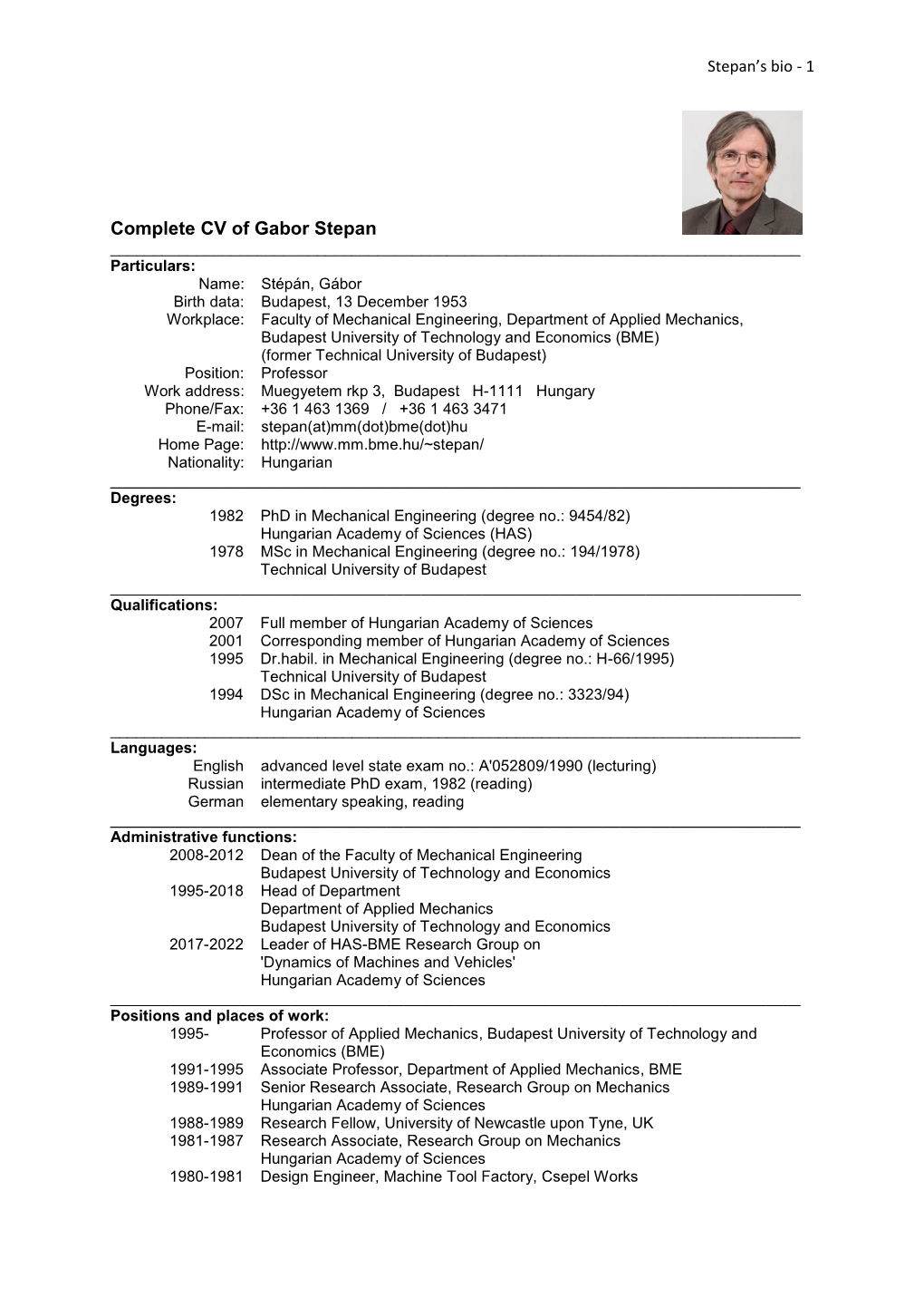 Complete CV of Gabor Stepan