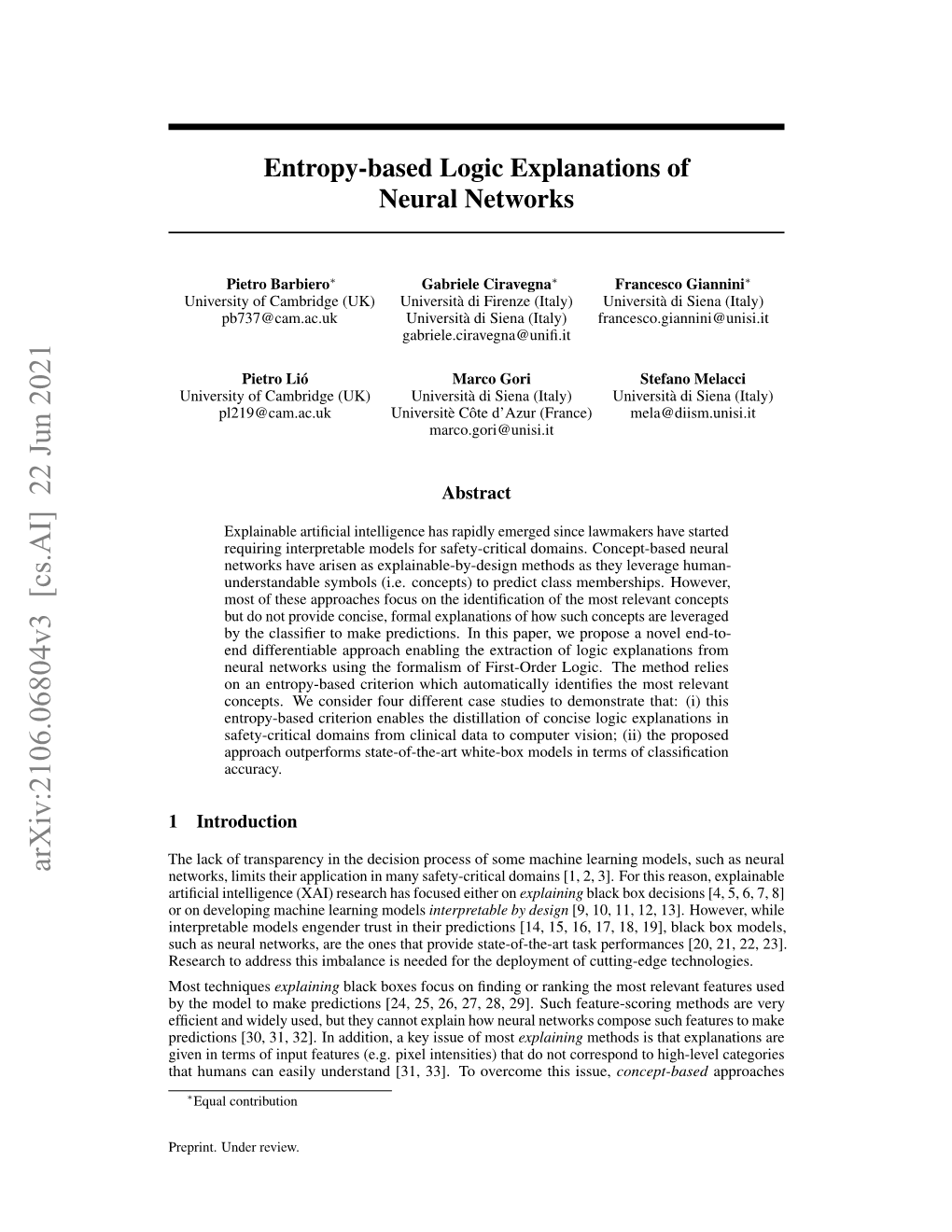 Entropy-Based Logic Explanations of Neural Networks