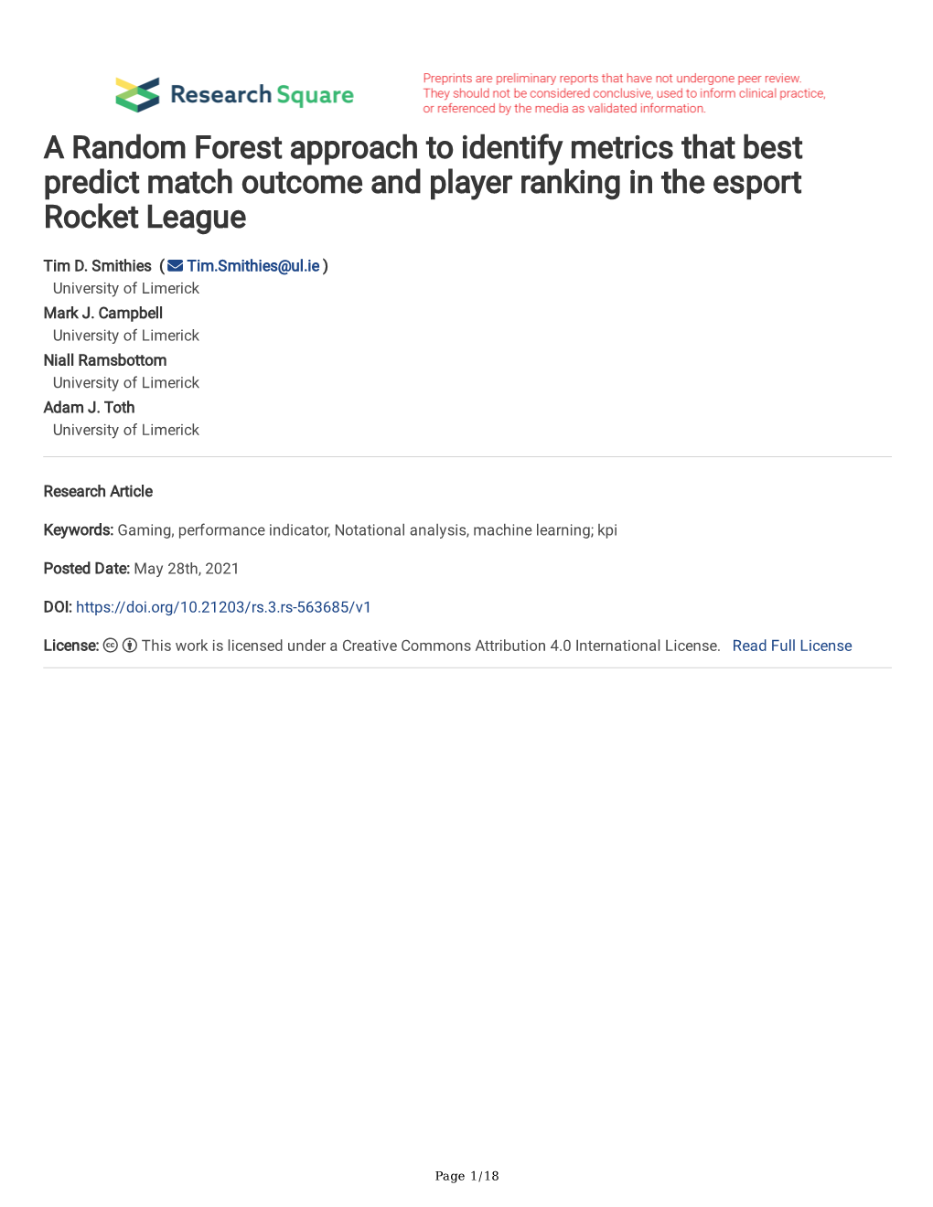 A Random Forest Approach to Identify Metrics That Best Predict Match Outcome and Player Ranking in the Esport Rocket League