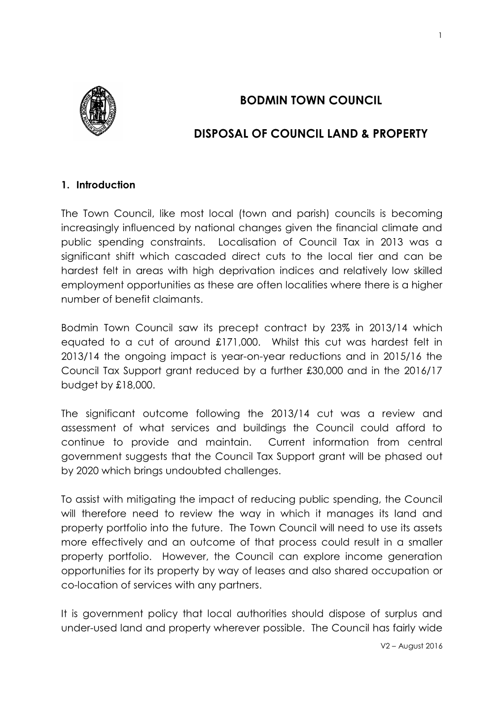 Bodmin Town Council Disposal of Council Land & Property