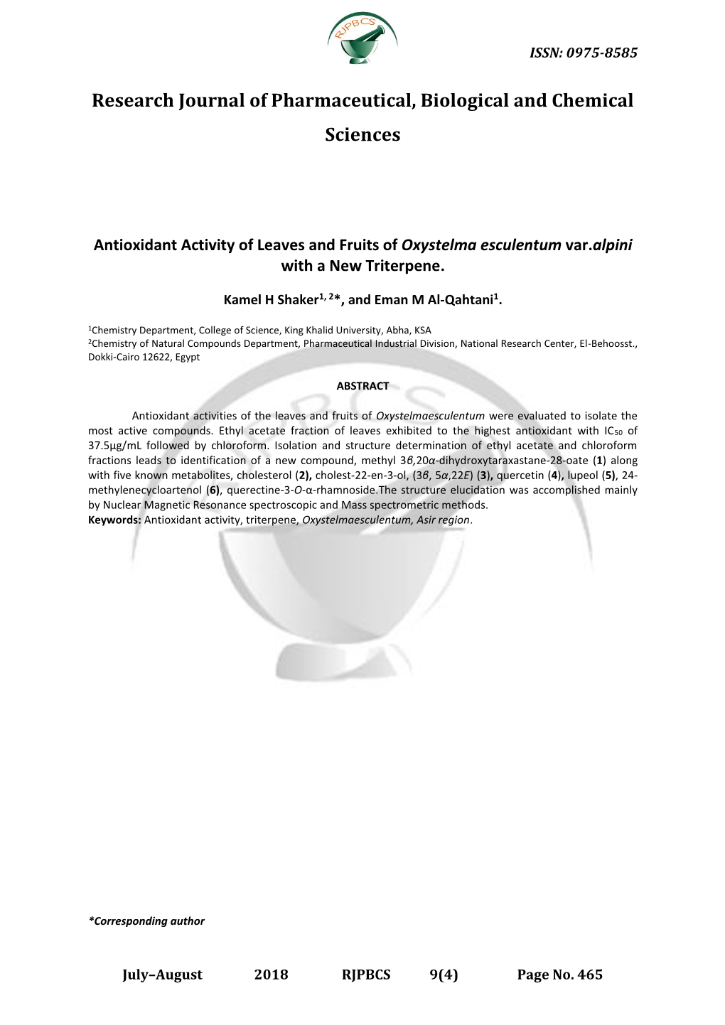 Antioxidant Activity of Leaves and Fruits of Oxystelma Esculentum Var.Alpini with a New Triterpene