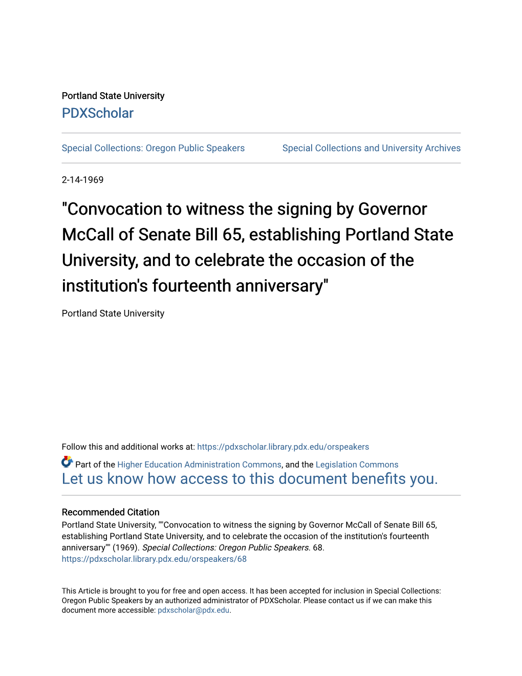 Convocation to Witness the Signing by Governor Mccall Of