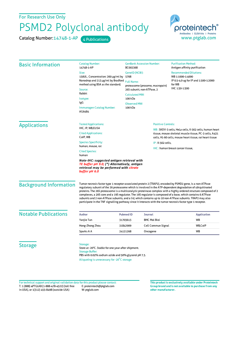 PSMD2 Polyclonal Antibody Catalog Number:14748-1-AP 4 Publications