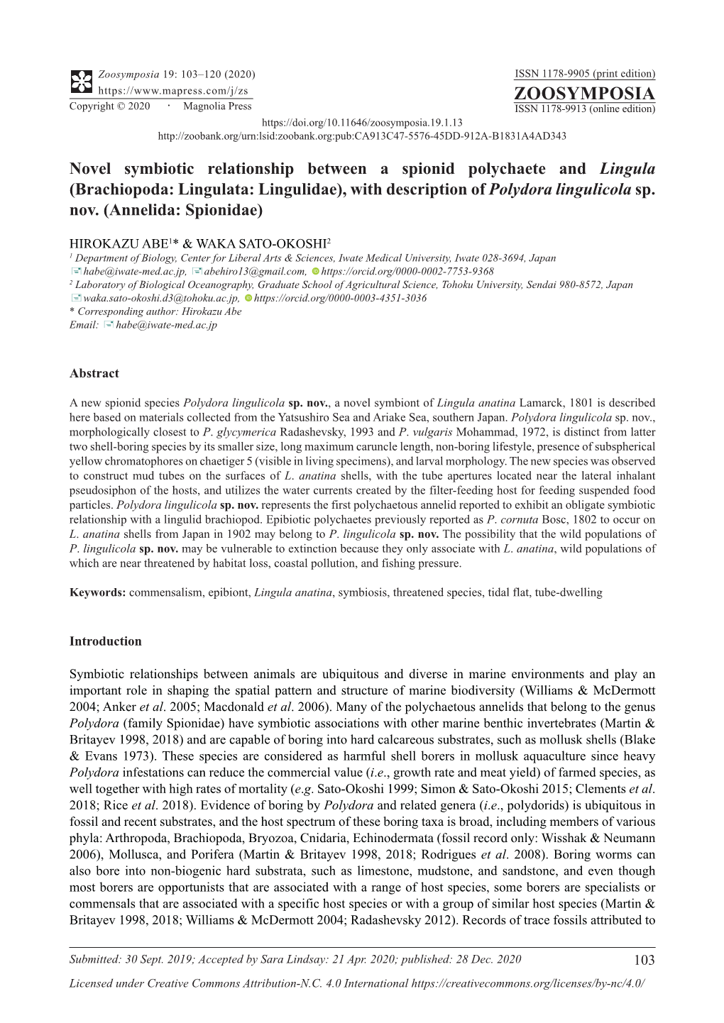 Novel Symbiotic Relationship Between a Spionid Polychaete and Lingula (Brachiopoda: Lingulata: Lingulidae), with Description of Polydora Lingulicola Sp