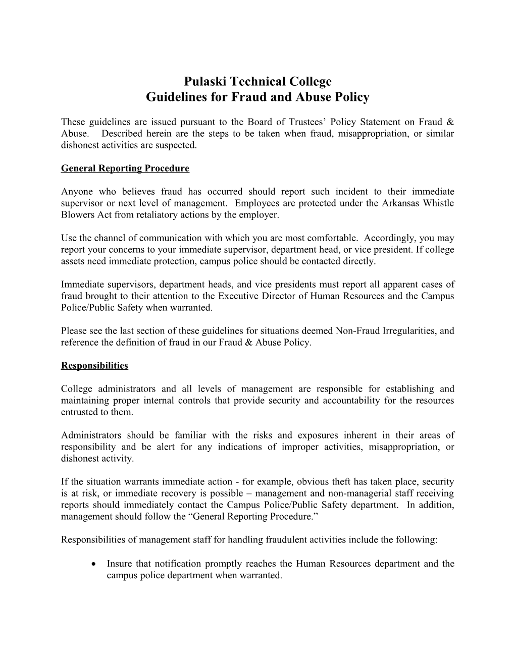 Policy on Fraudulent Activities - Guidelines