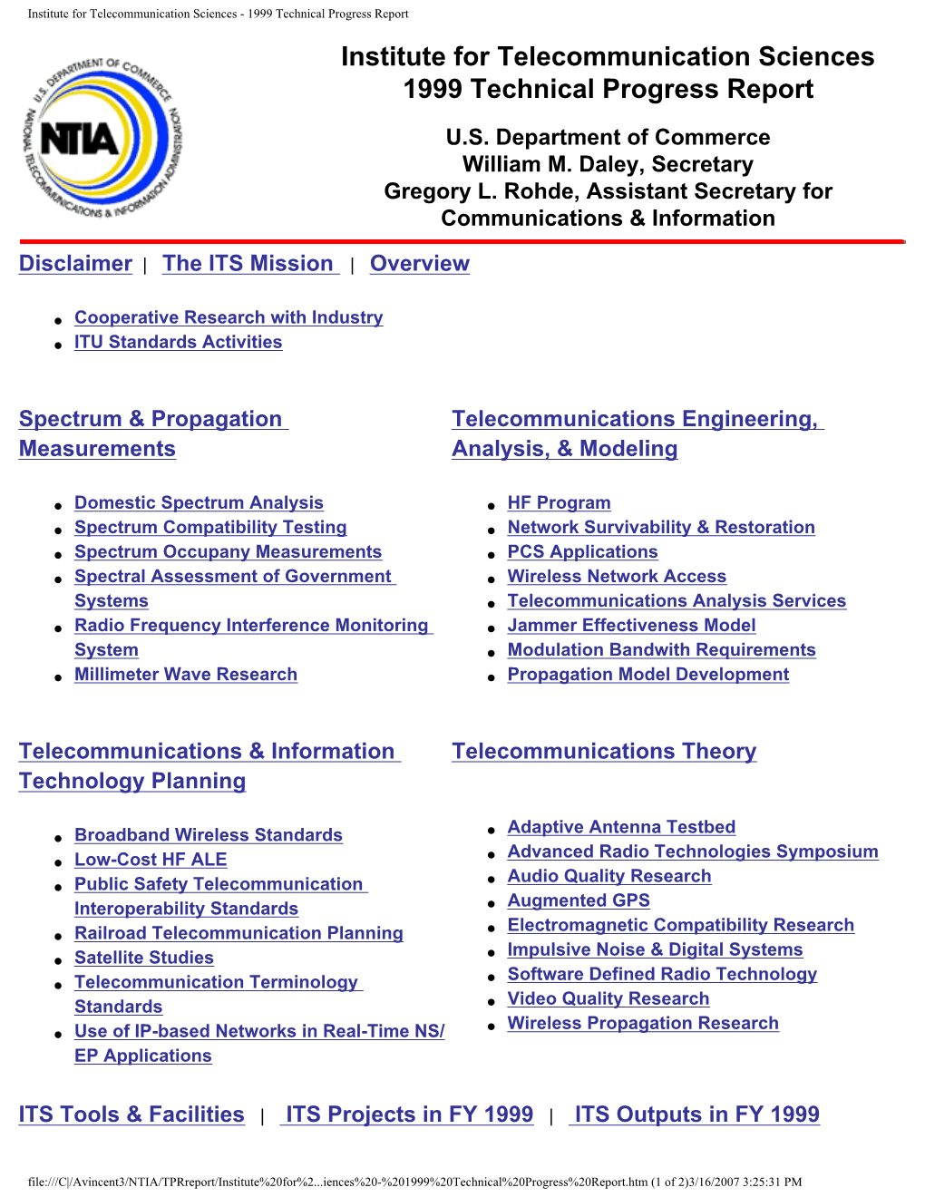 FY 1999 Technical Progress Report