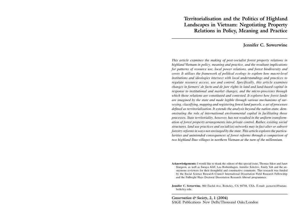 Territorialisation and the Politics of Highland Landscapes in Vietnam: Negotiating Property Relations in Policy, Meaning and Practice