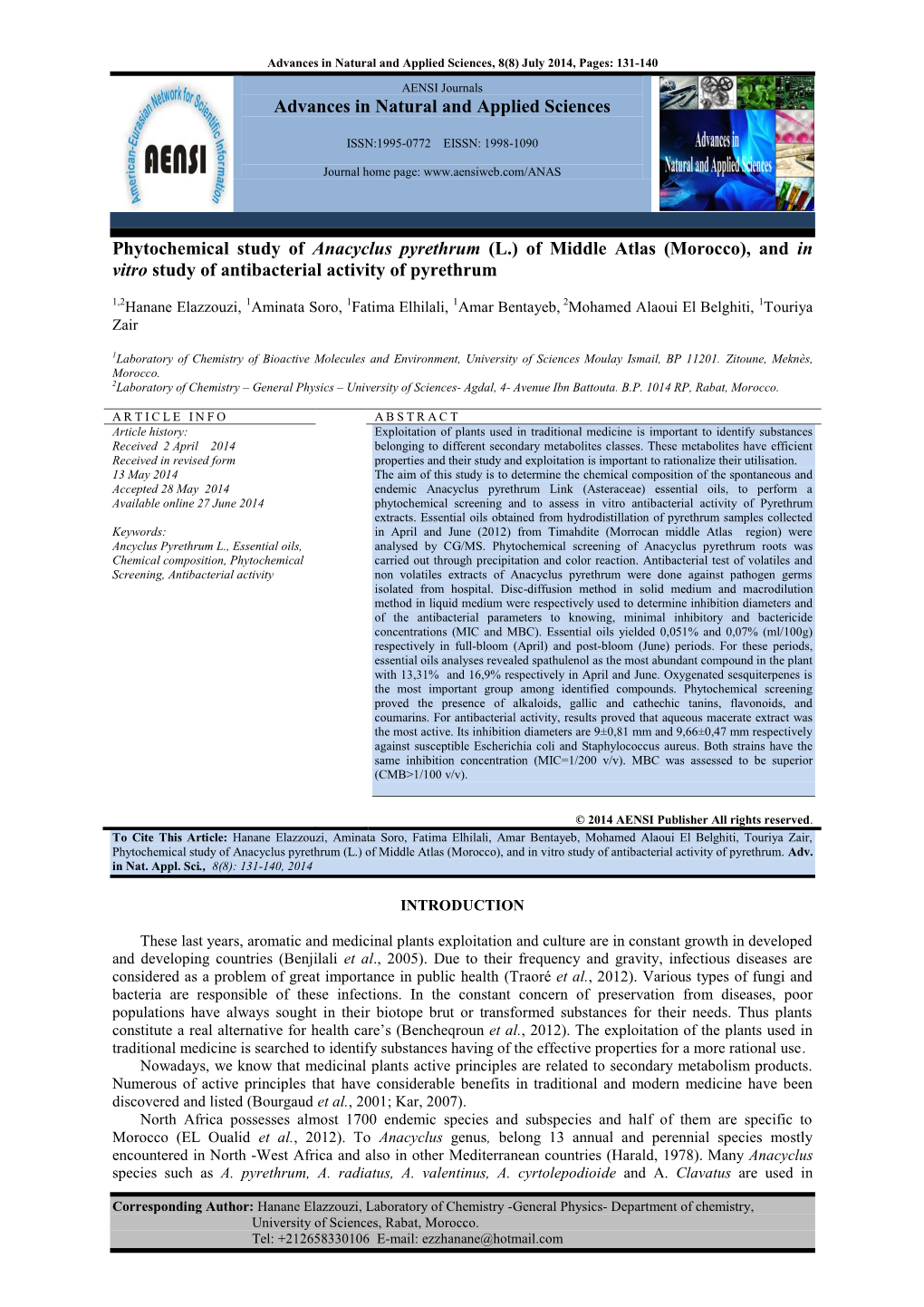 Advances in Natural and Applied Sciences Phytochemical Study of Anacyclus Pyrethrum (L.) of Middle Atlas (Morocco), and in Vitro