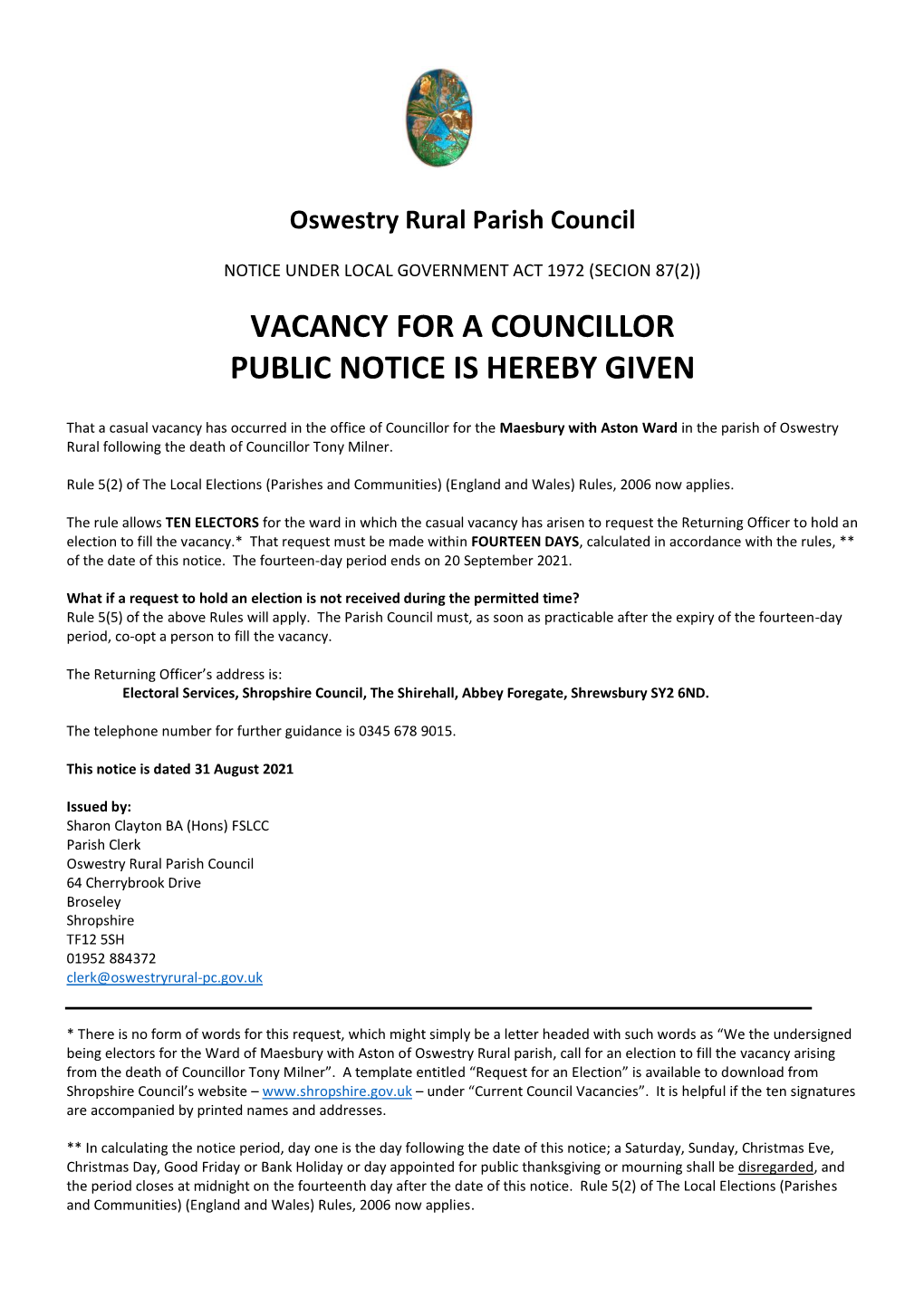 Vacancy for a Councillor Public Notice Is Hereby Given