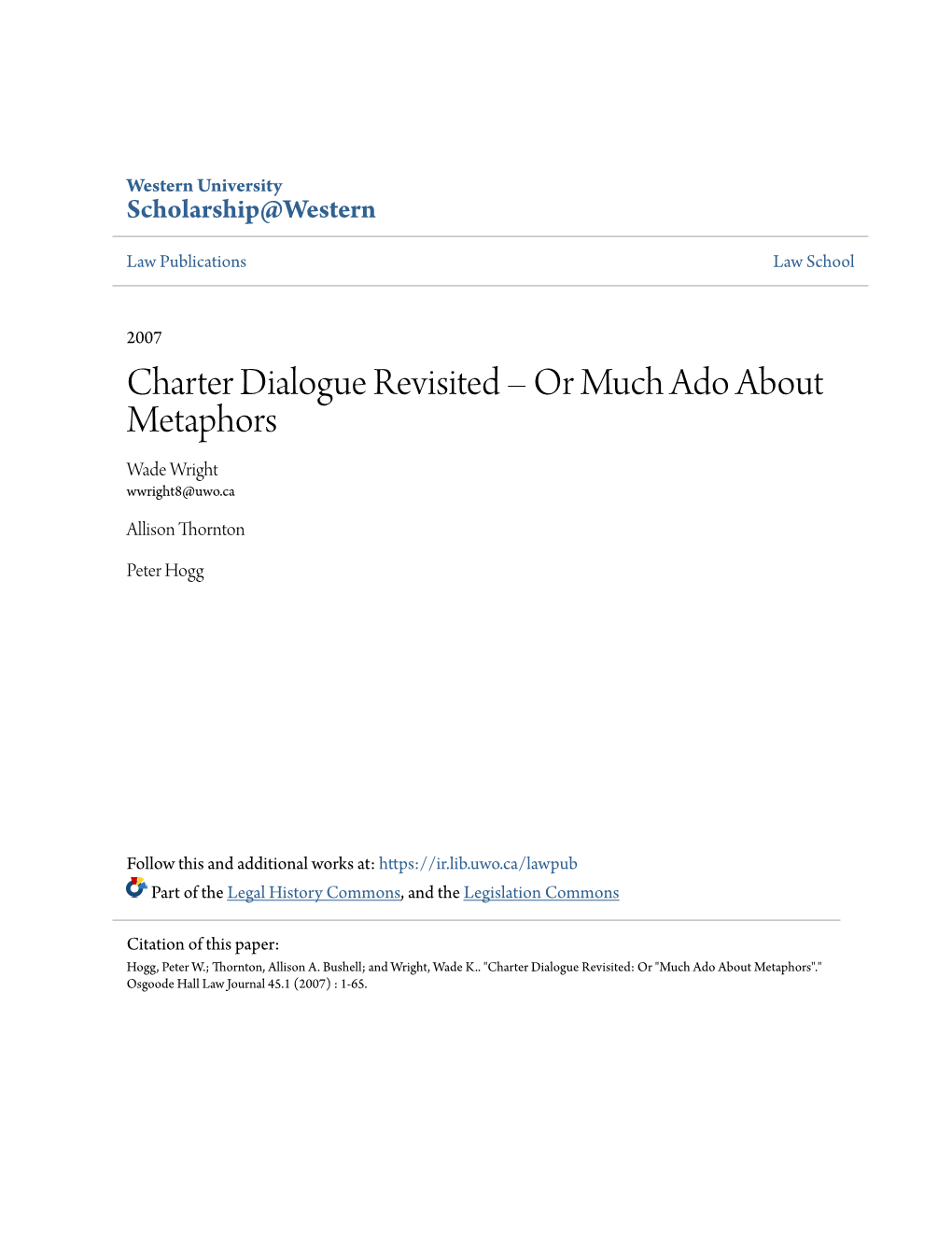 Charter Dialogue Revisited – Or Much Ado About Metaphors Wade Wright Wwright8@Uwo.Ca