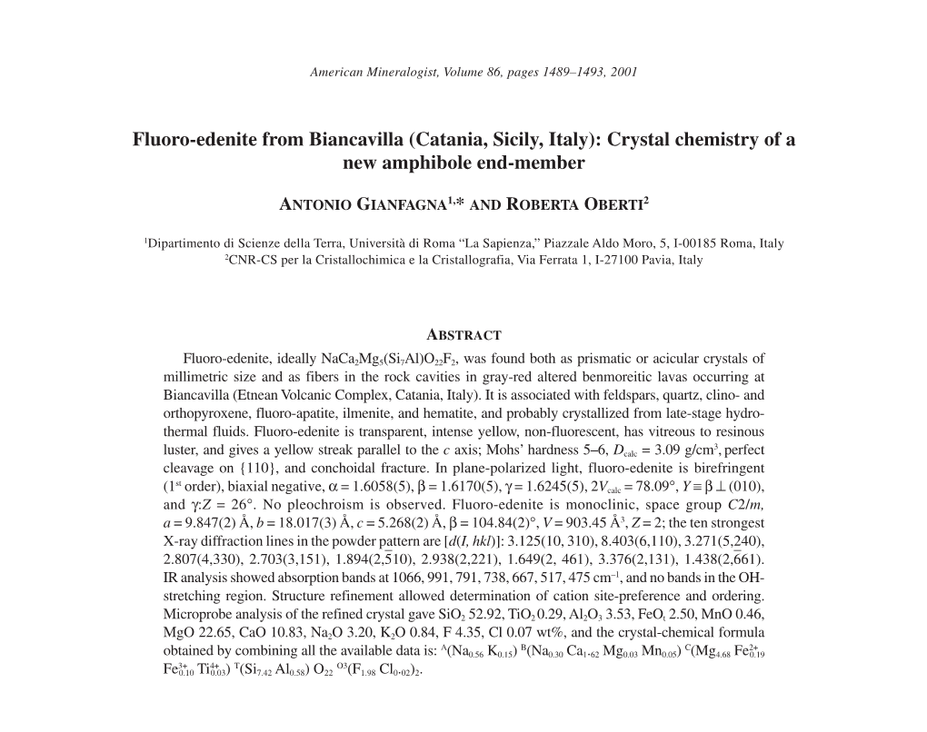 Fluoro-Edenite from Biancavilla (Catania, Sicily, Italy): Crystal Chemistry of a New Amphibole End-Member