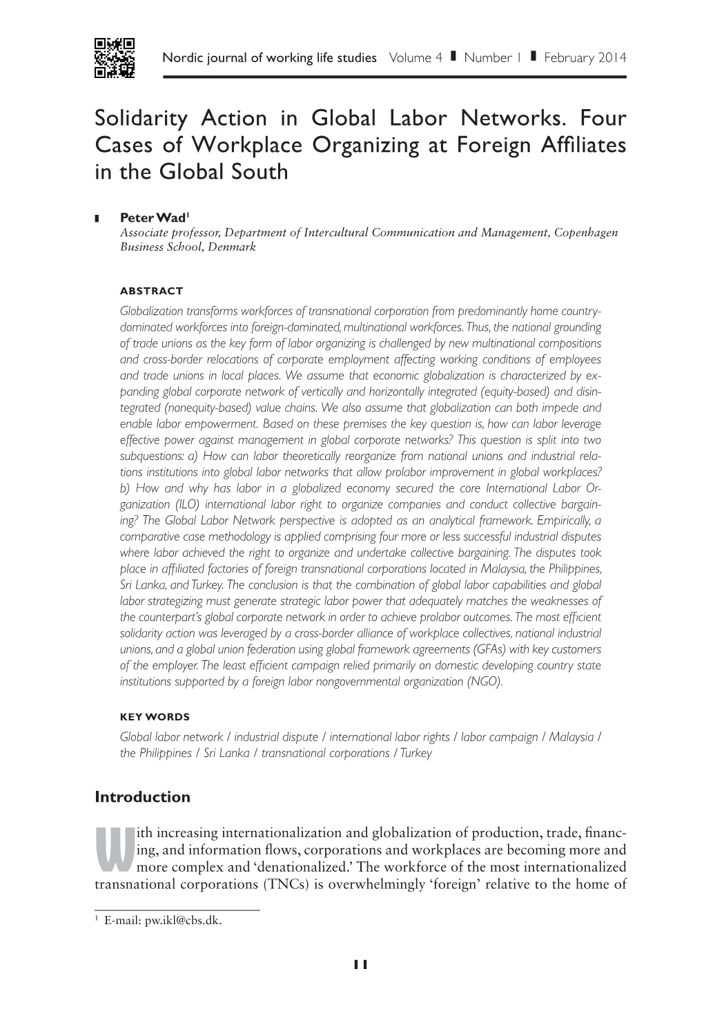 Solidarity Action in Global Labor Networks. Four Cases of Workplace Organizing at Foreign Affiliates in the Global South