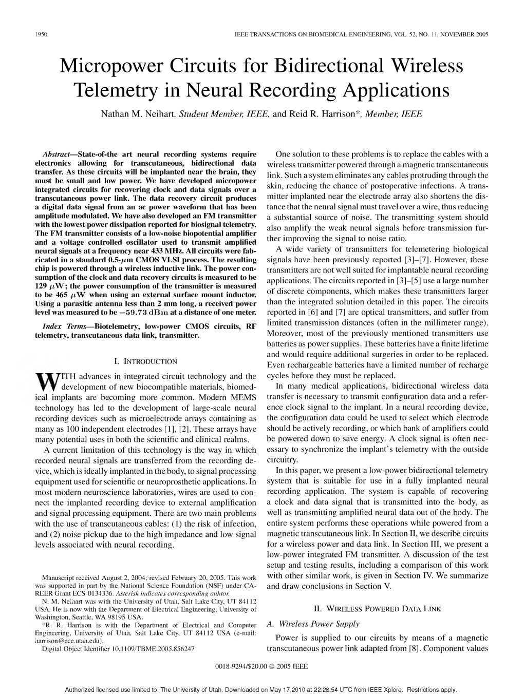 Micropower Circuits for Bidirectional Wireless Telemetry in Neural Recording Applications