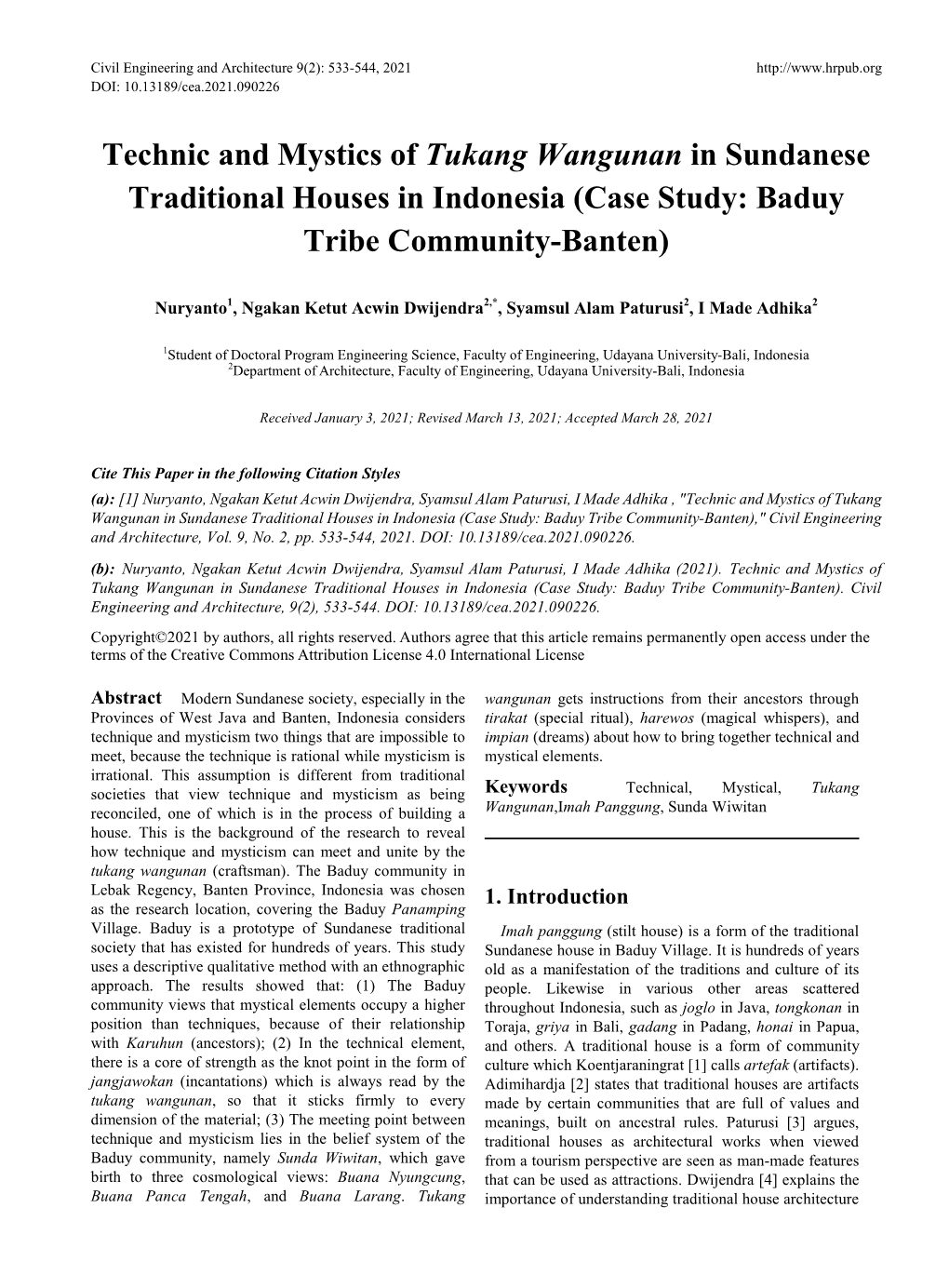 Technic and Mystics of Tukang Wangunan in Sundanese Traditional Houses in Indonesia (Case Study: Baduy Tribe Community-Banten)