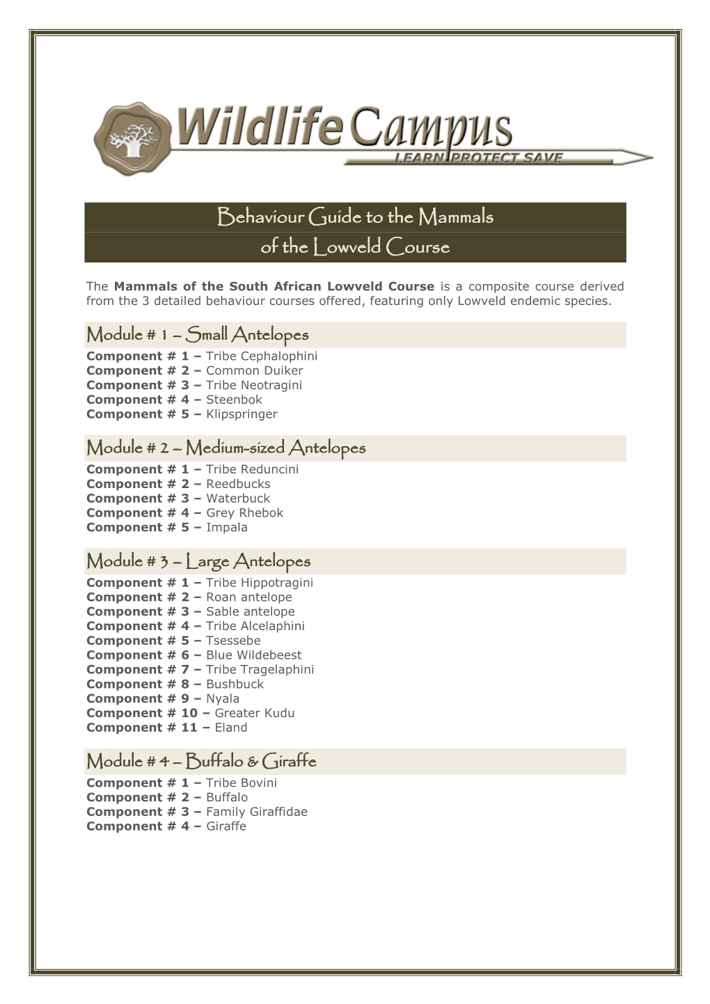 Behaviour Guide to the Mammals of the Lowveld Course