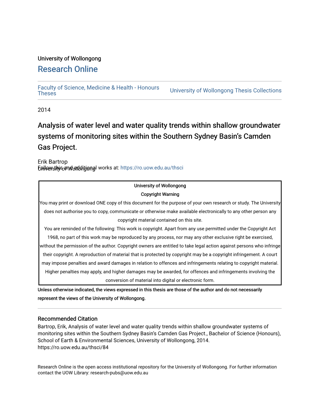 Analysis of Water Level and Water Quality Trends Within Shallow Groundwater Systems of Monitoring Sites Within the Southern Sydney Basin’S Camden Gas Project