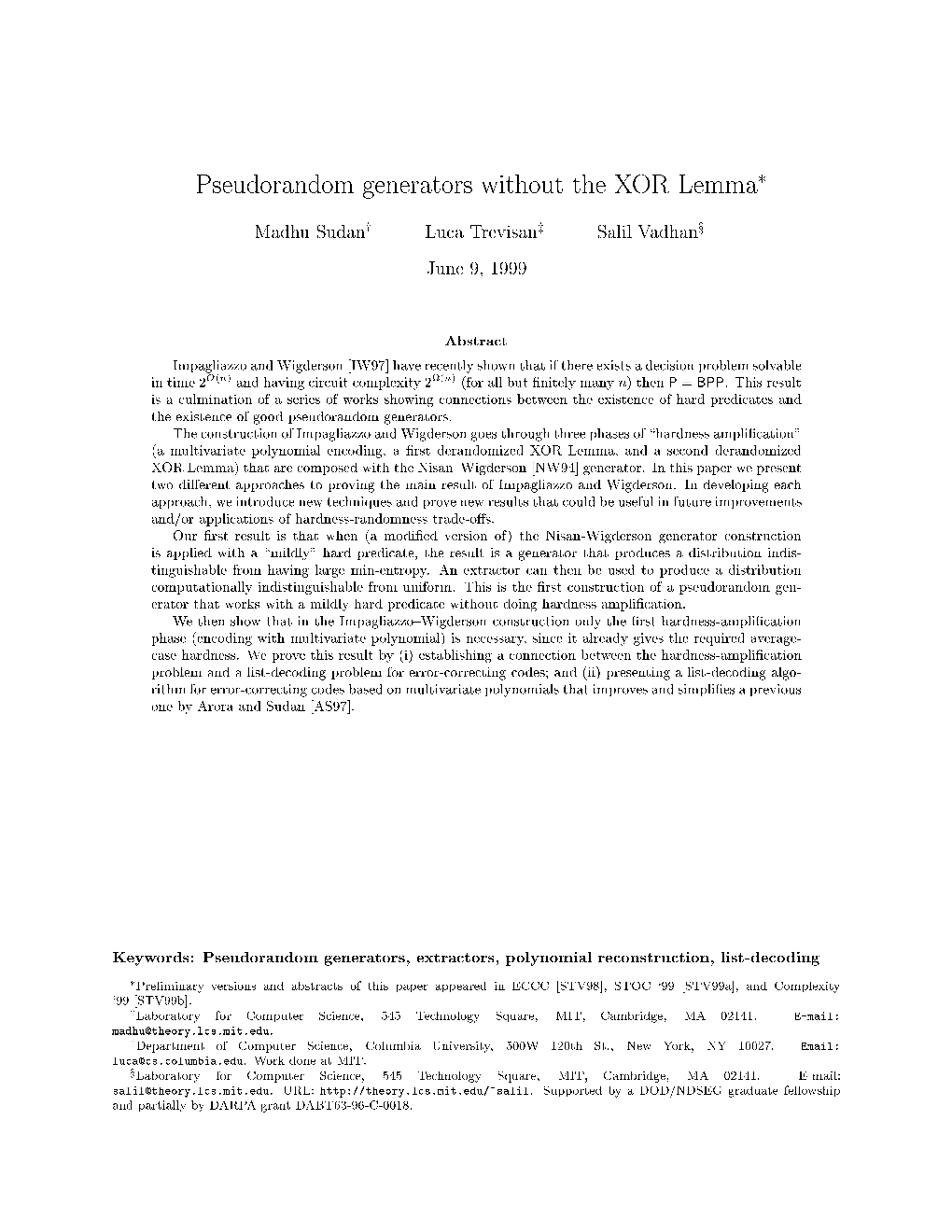 Pseudorandom Generators Without the XOR Lemma