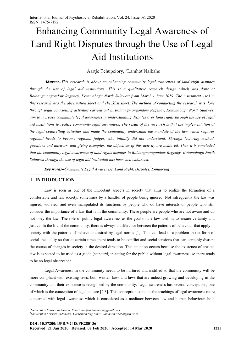 Enhancing Community Legal Awareness of Land Right Disputes Through the Use of Legal Aid Institutions