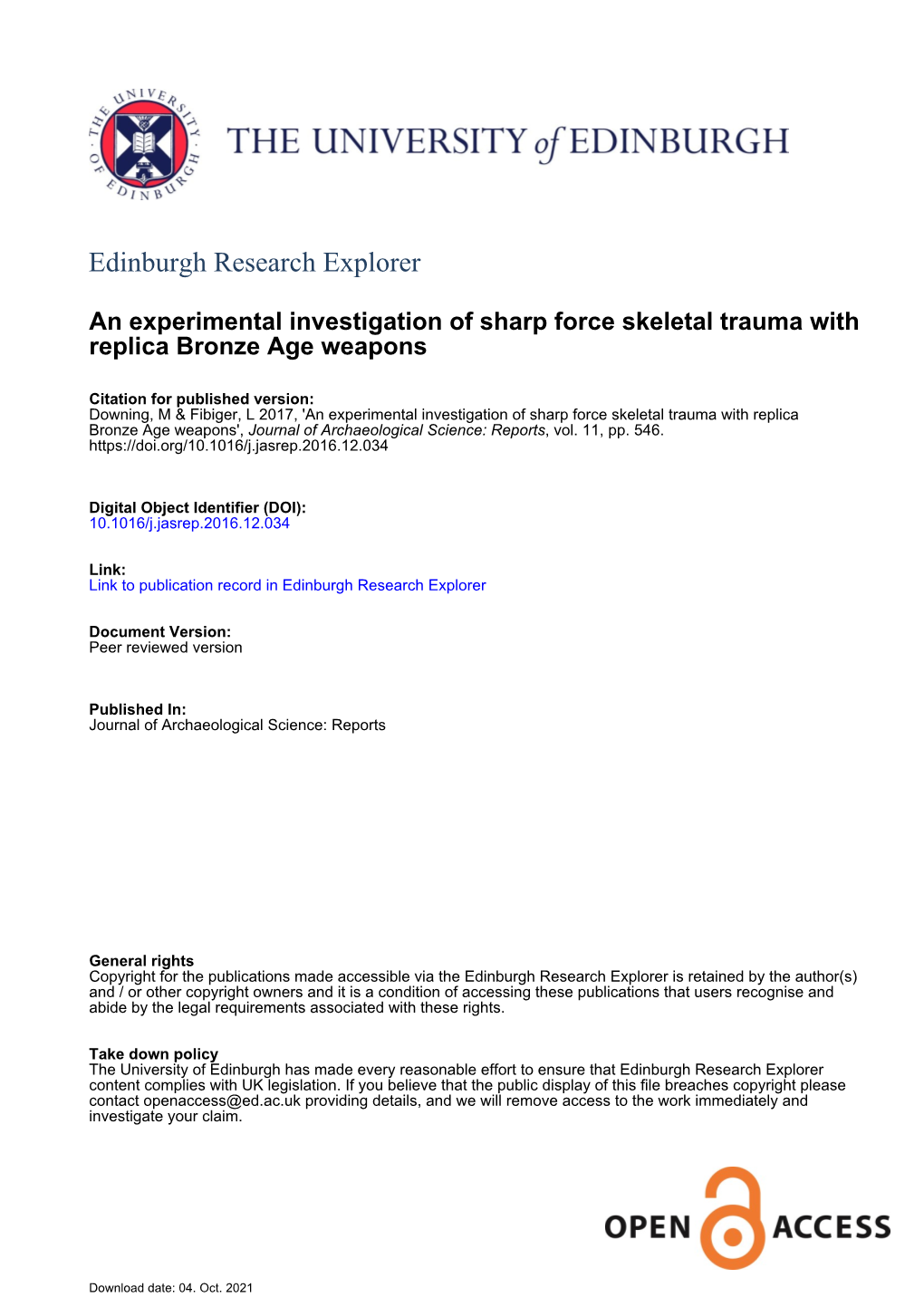 An Experimental Investigation of Sharp Force Skeletal Trauma with Replica Bronze Age Weapons