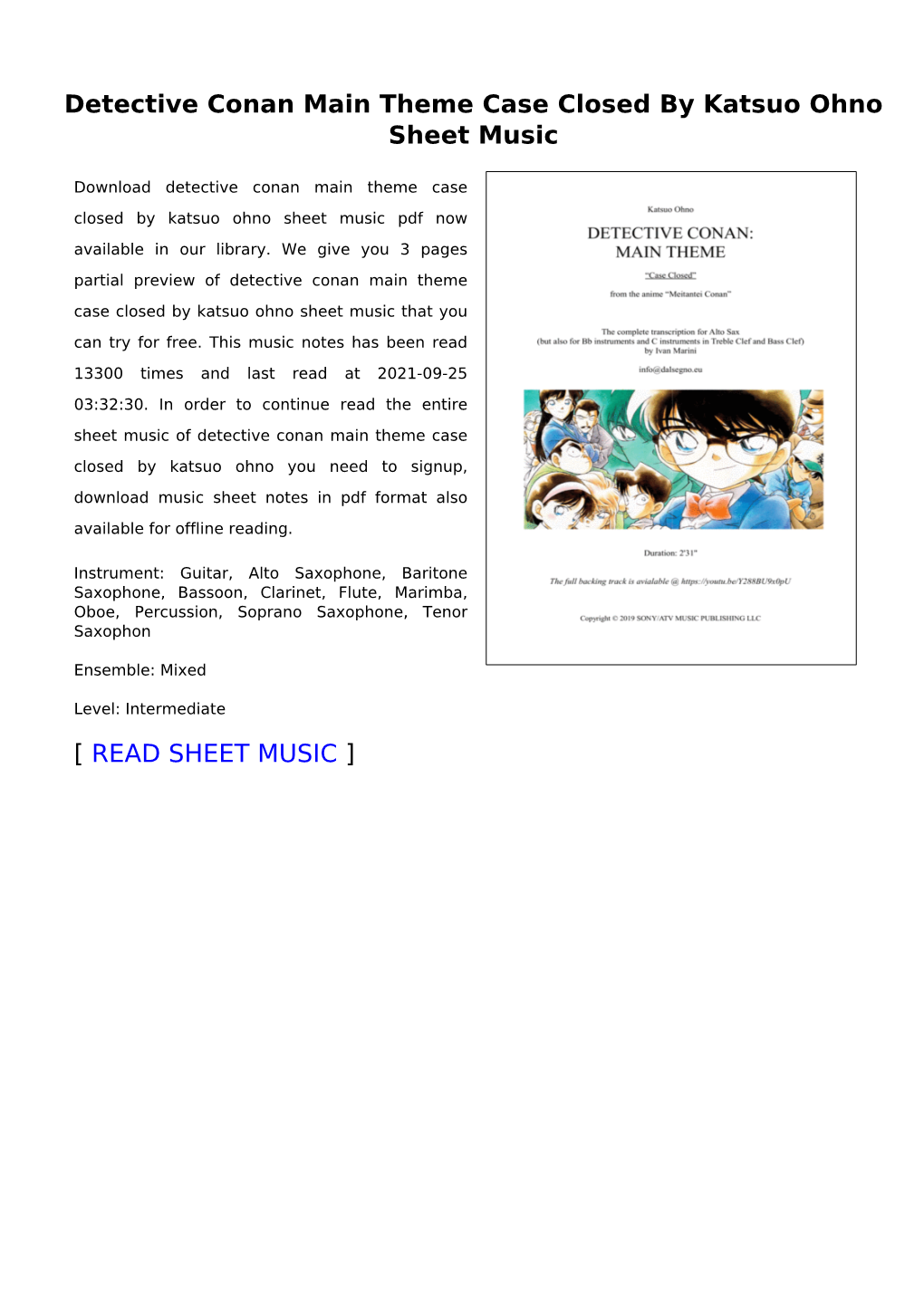 Detective Conan Main Theme Case Closed by Katsuo Ohno Sheet Music