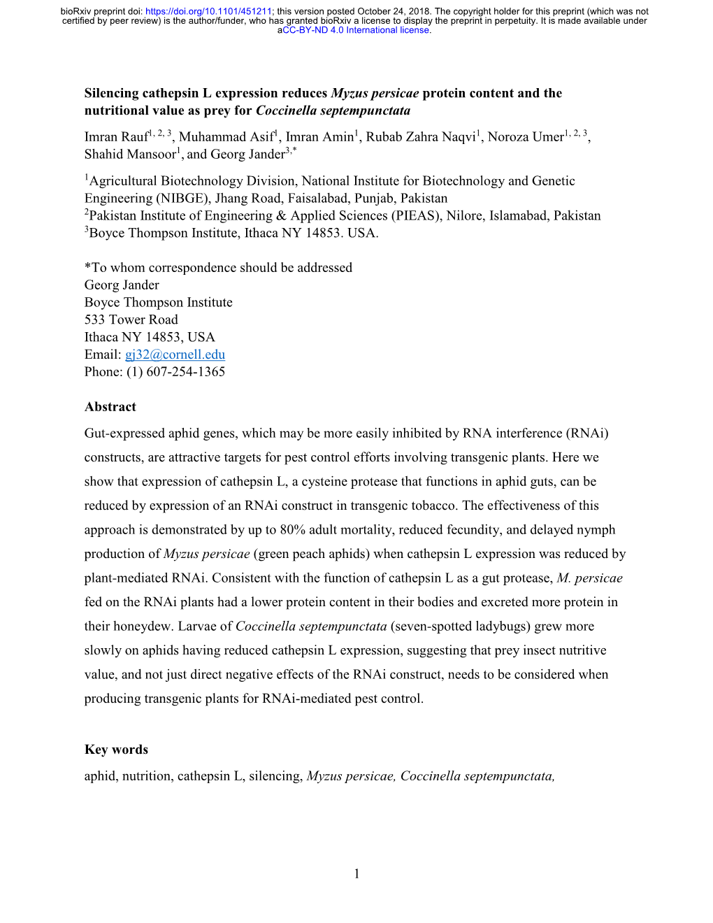 Silencing Cathepsin L Expression Reduces Myzus Persicae