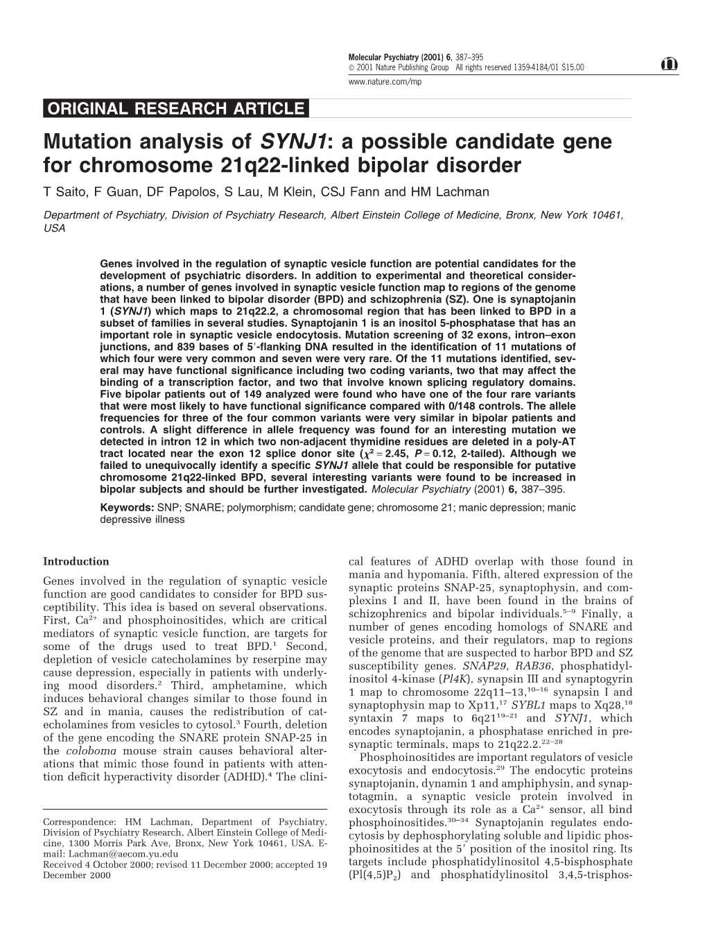 Mutation Analysis of SYNJ1: a Possible Candidate Gene