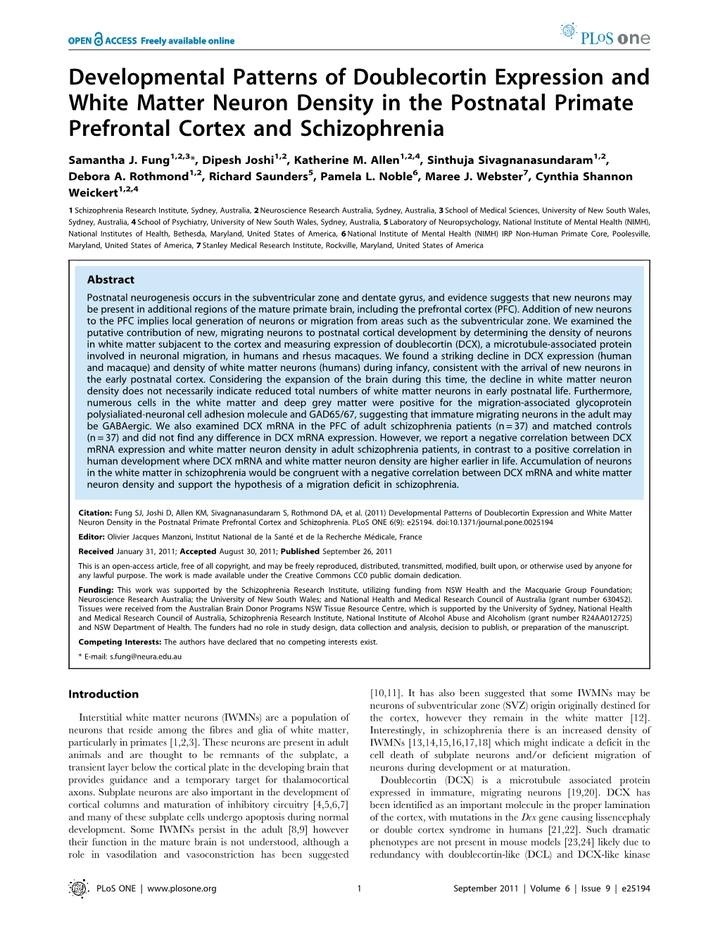 Developmental Patterns of Doublecortin Expression and White Matter Neuron Density in the Postnatal Primate Prefrontal Cortex and Schizophrenia