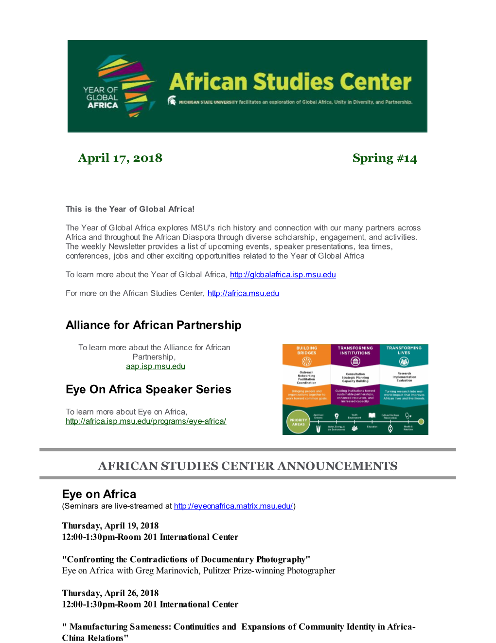 April 17, 2018 Spring #14 Alliance for African Partnership Eye on Africa