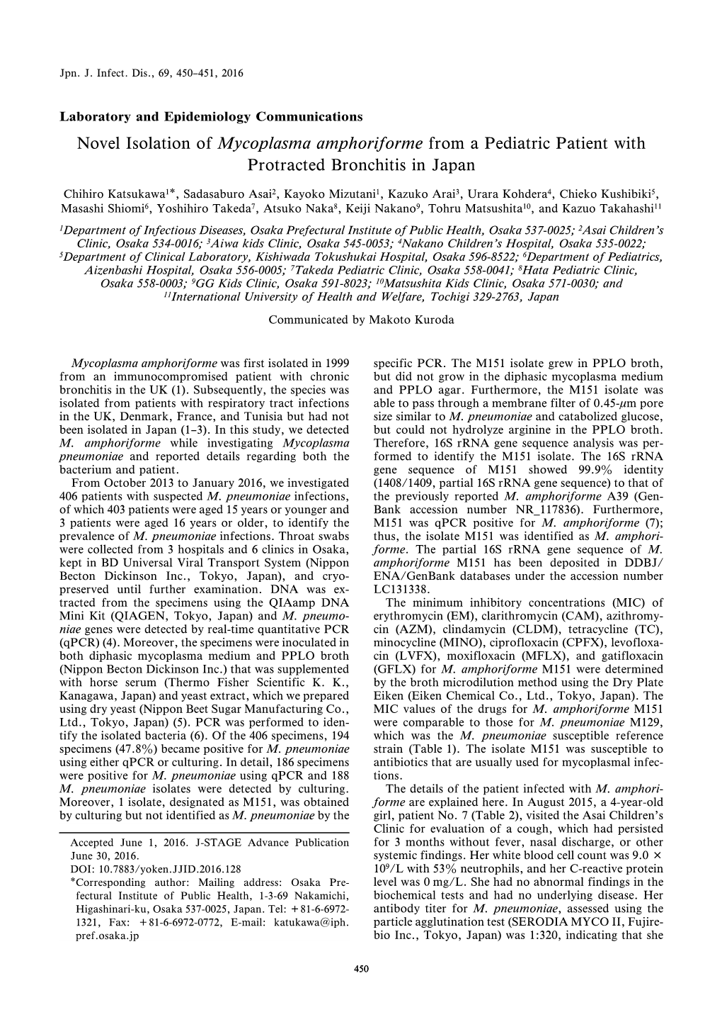 Novel Isolation of Mycoplasma Amphoriforme from a Pediatric Patient with Protracted Bronchitis in Japan