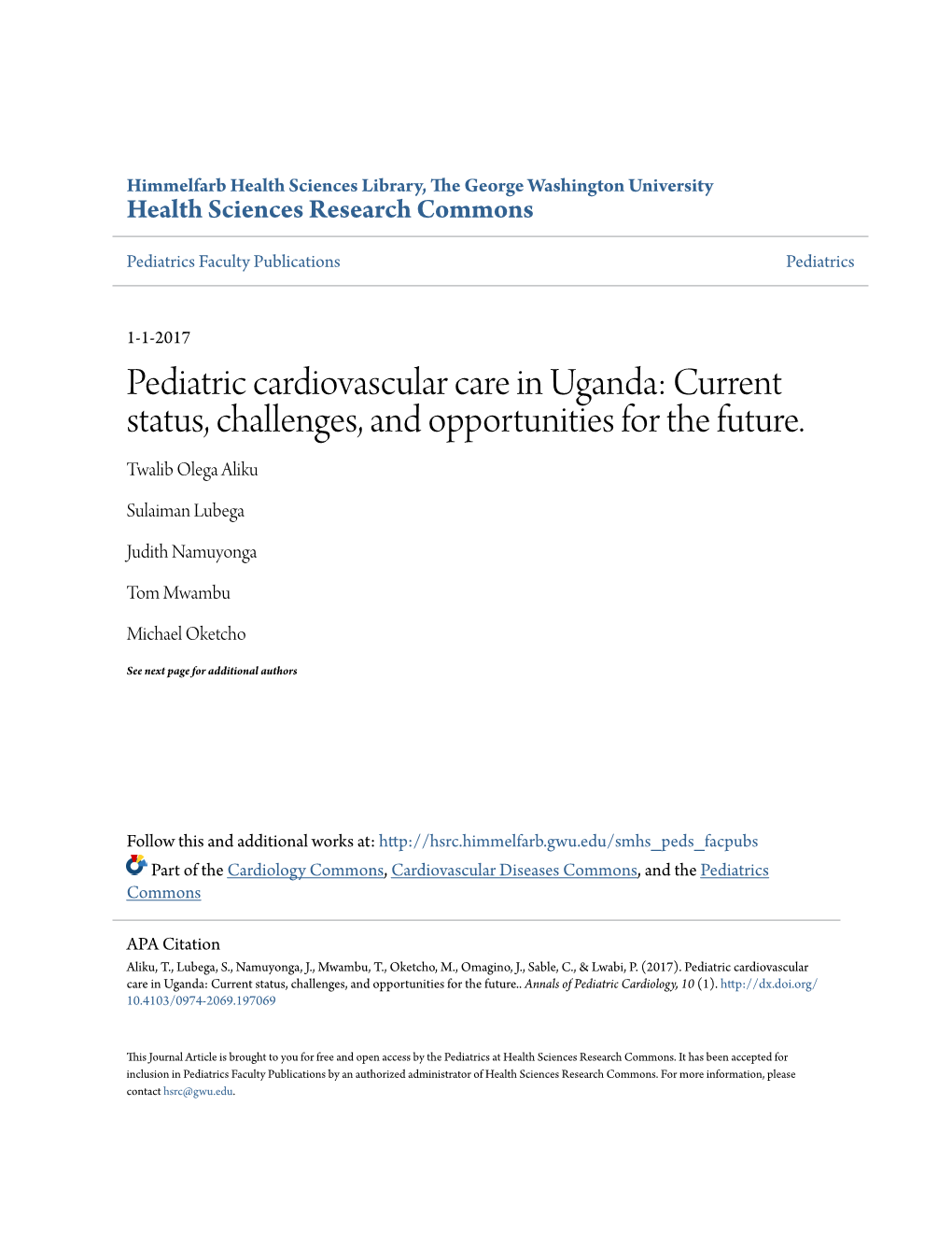 Pediatric Cardiovascular Care in Uganda: Current Status, Challenges, and Opportunities for the Future