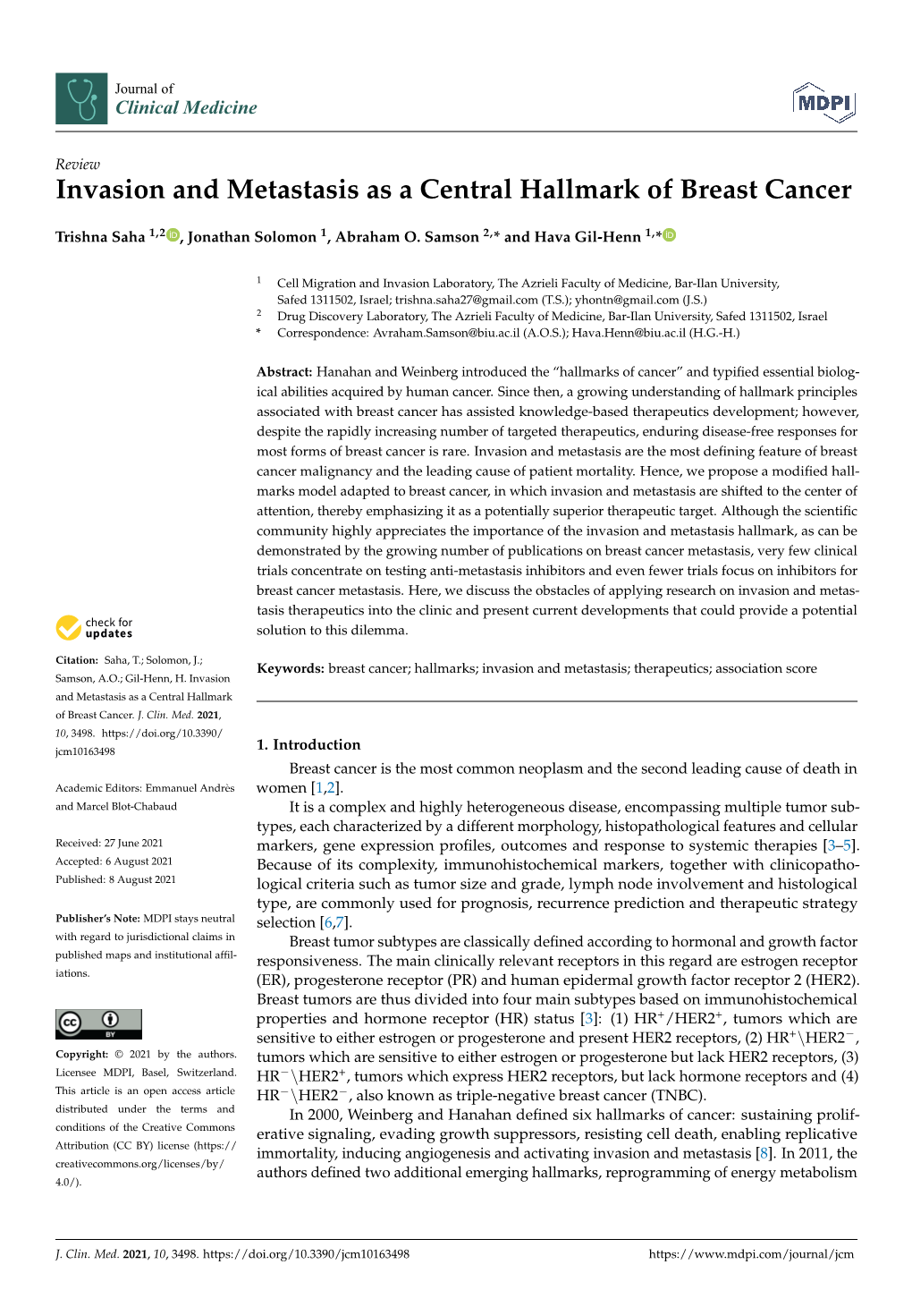 Invasion and Metastasis As a Central Hallmark of Breast Cancer