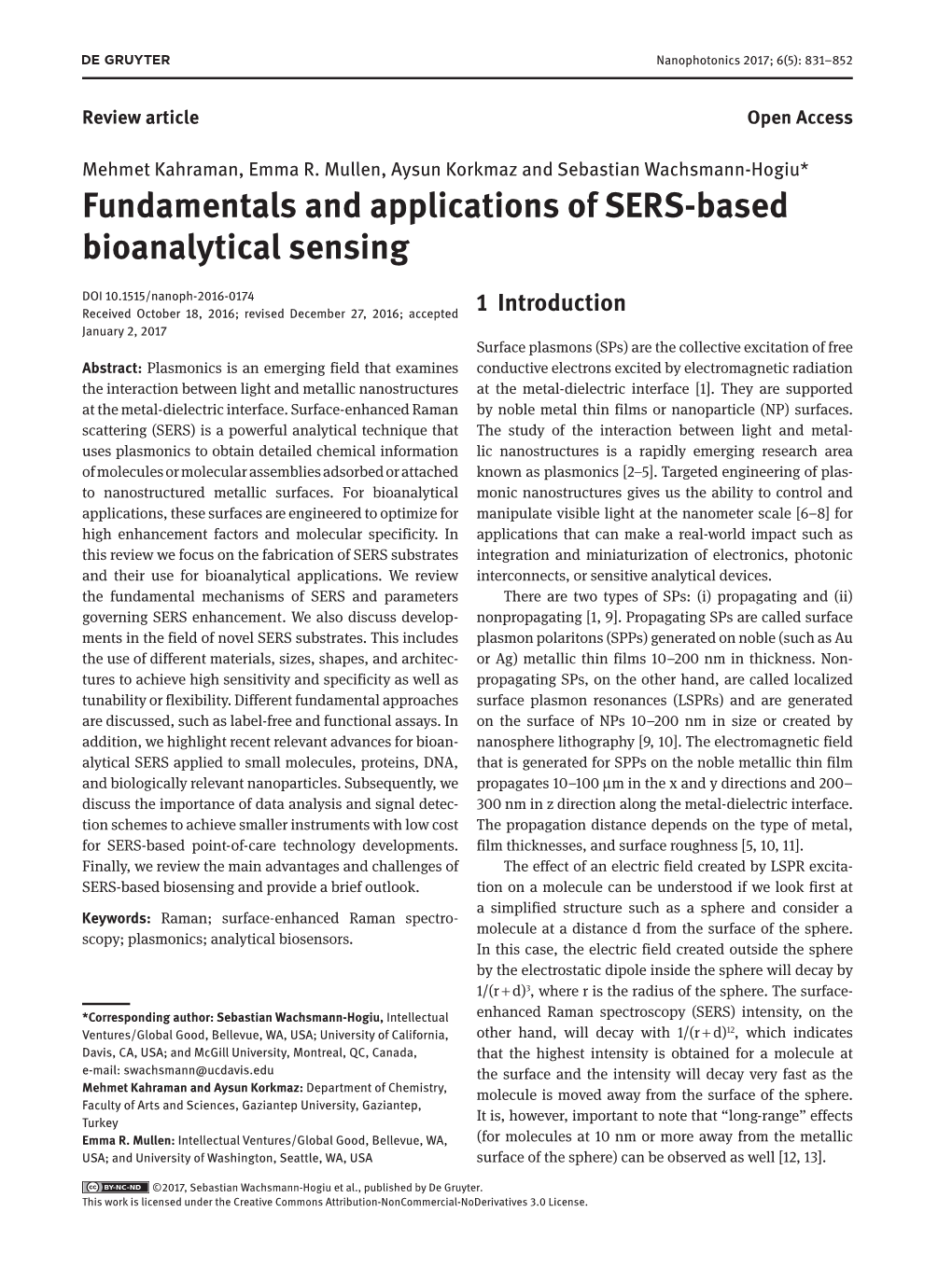 Fundamentals and Applications of SERS-Based Bioanalytical Sensing