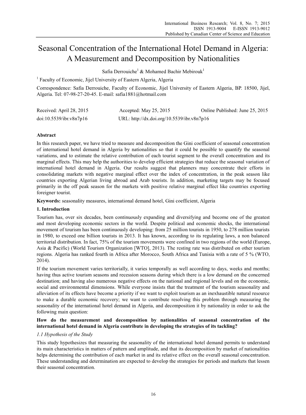 Seasonal Concentration of the International Hotel Demand in Algeria: a Measurement and Decomposition by Nationalities