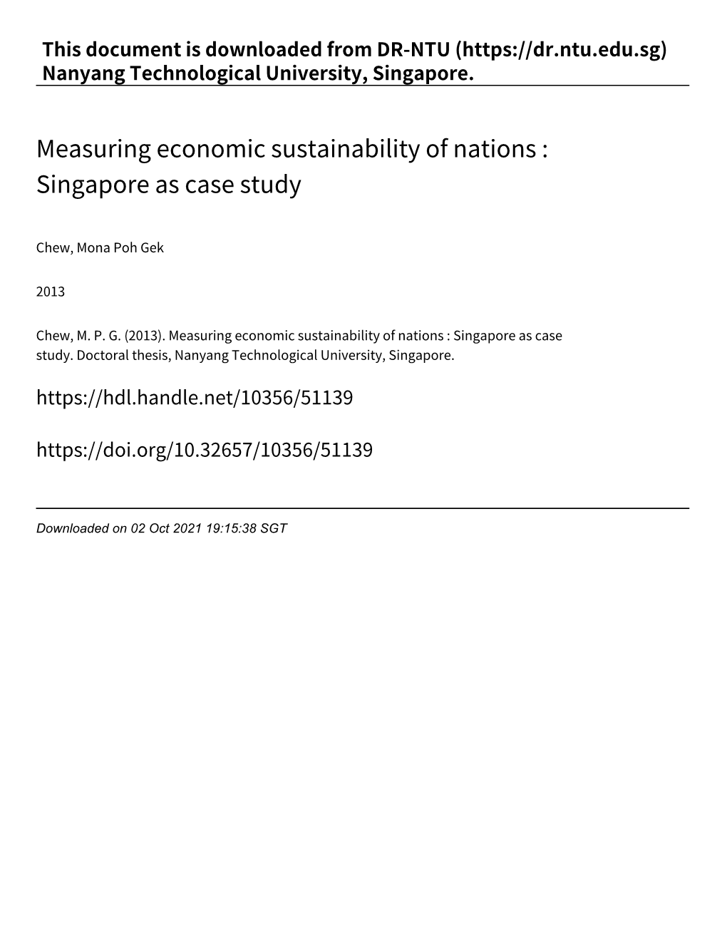 Measuring Economic Sustainability of Nations : Singapore As Case Study