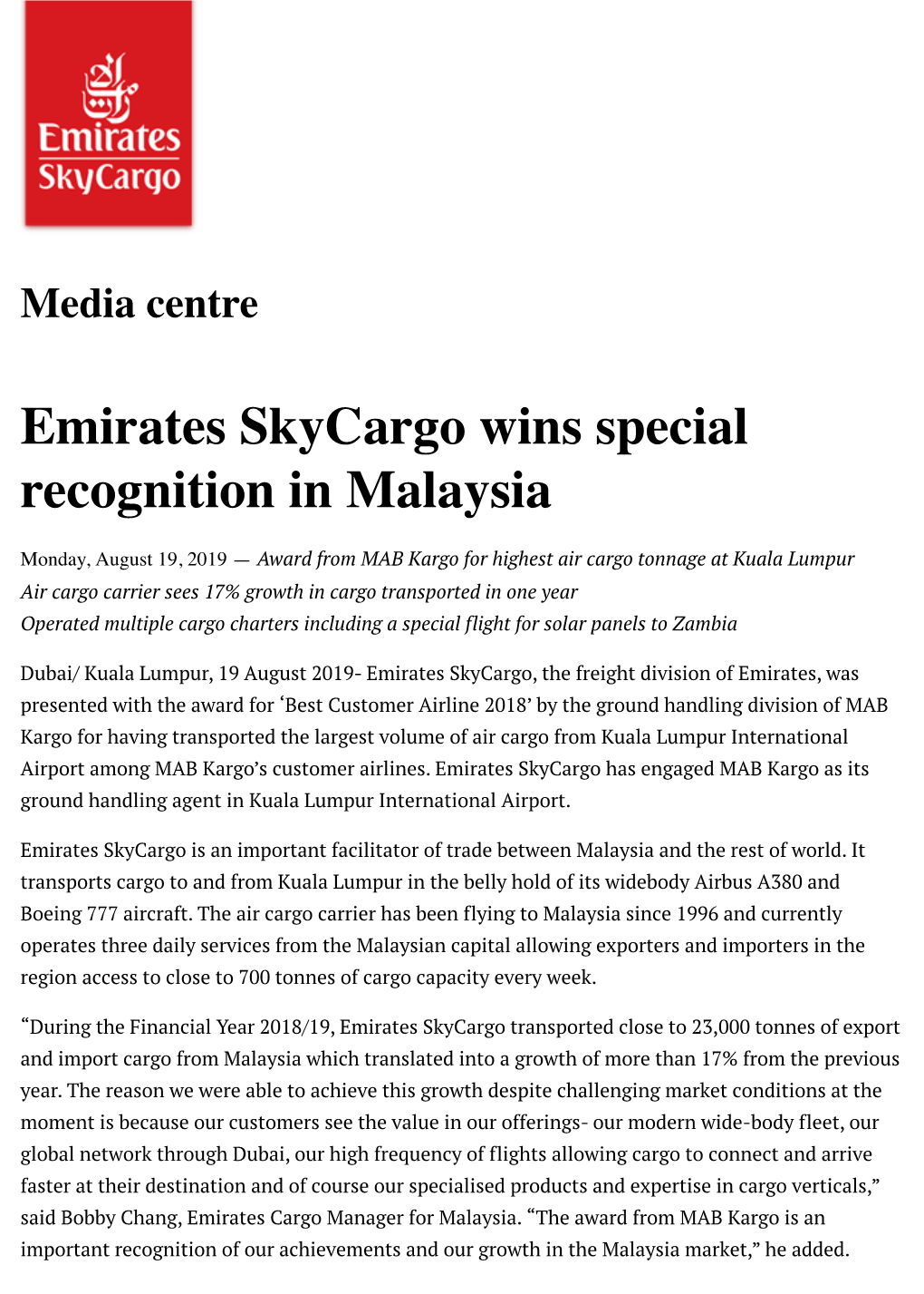 Emirates Skycargo Wins Special Recognition in Malaysia