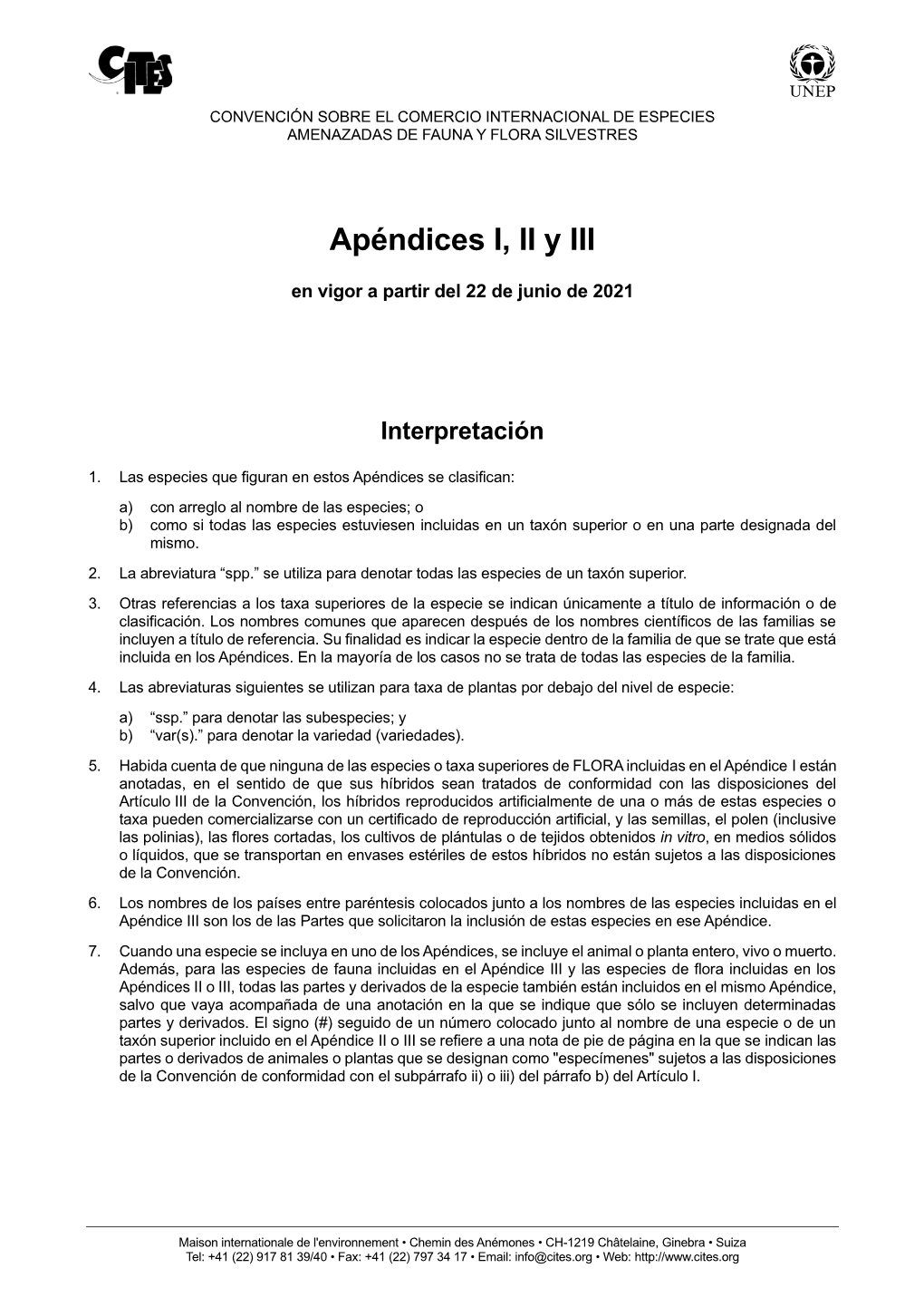 Apéndices I, II Y III De La CITES En Vigor a Partir Del 22 De Junio De 2021