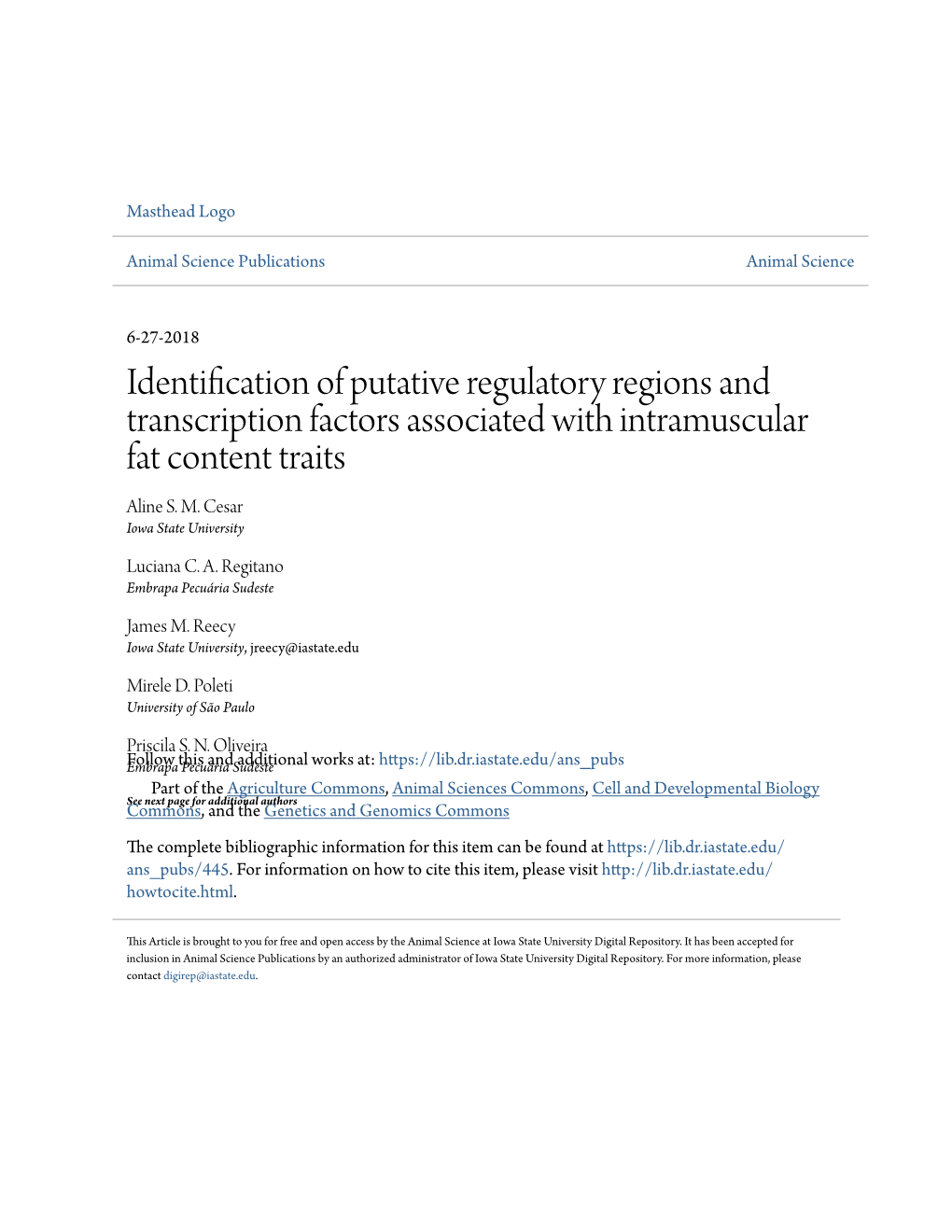 Identification of Putative Regulatory Regions and Transcription Factors Associated with Intramuscular Fat Content Traits Aline S