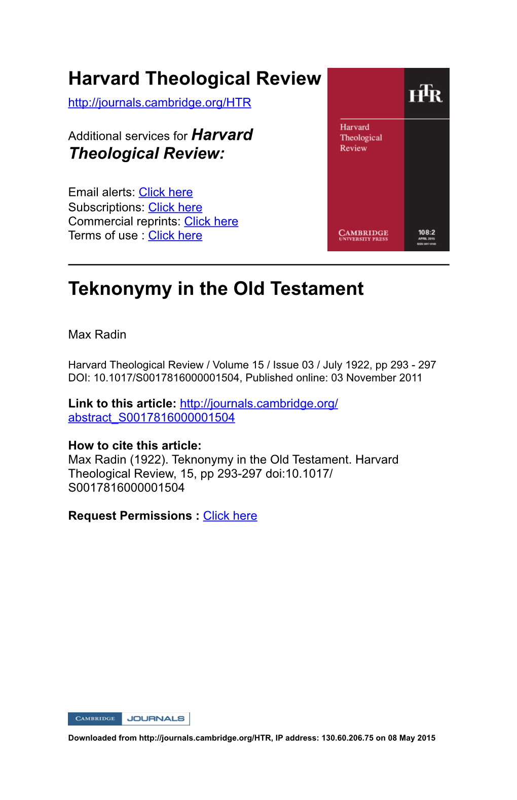 Harvard Theological Review Teknonymy in the Old Testament