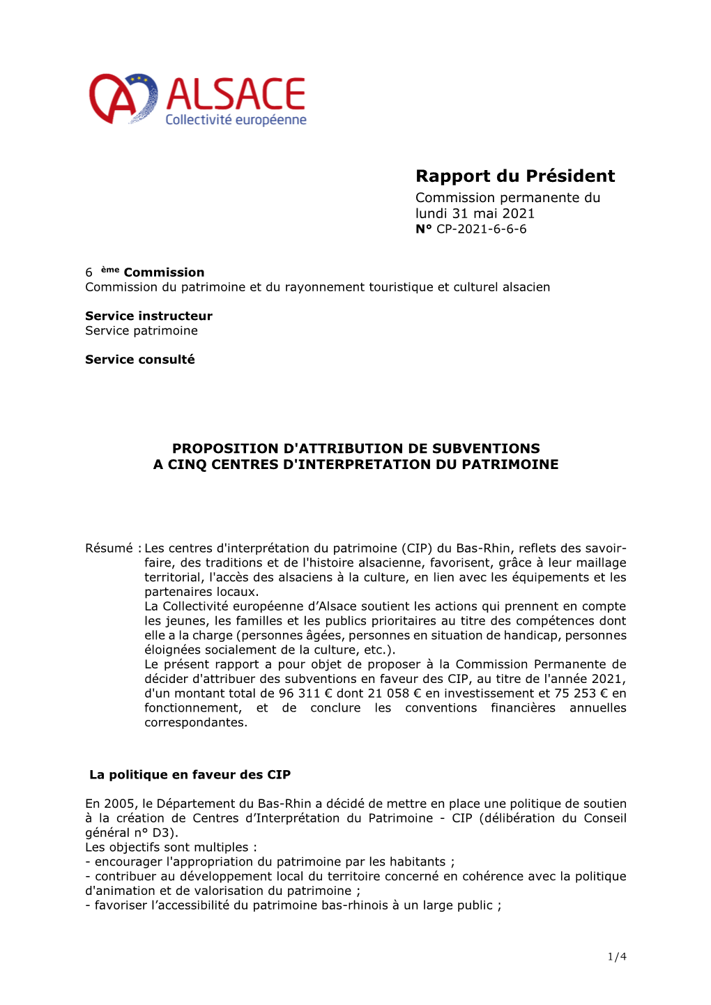 Rapport Du Président Commission Permanente Du Lundi 31 Mai 2021 N° CP-2021-6-6-6