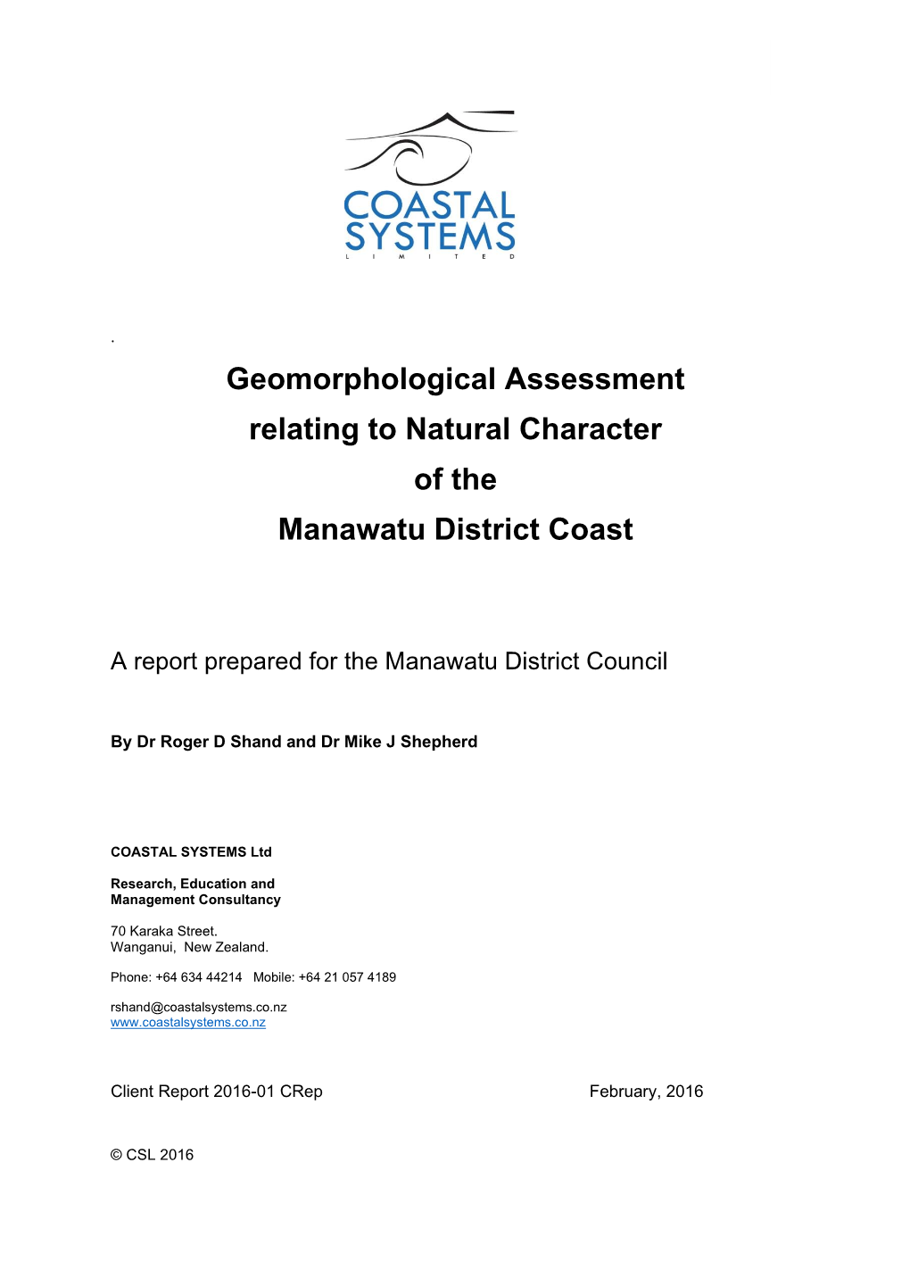 Geomorphological Assessment Relating to Natural Character of the Manawatu District Coast