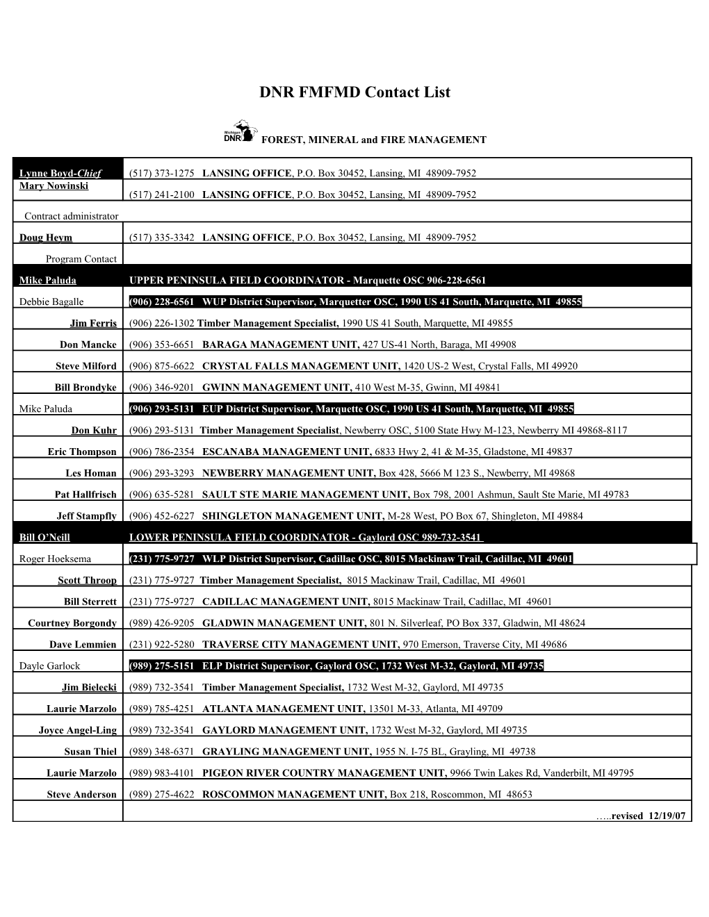 DNR FMFMD Contact List