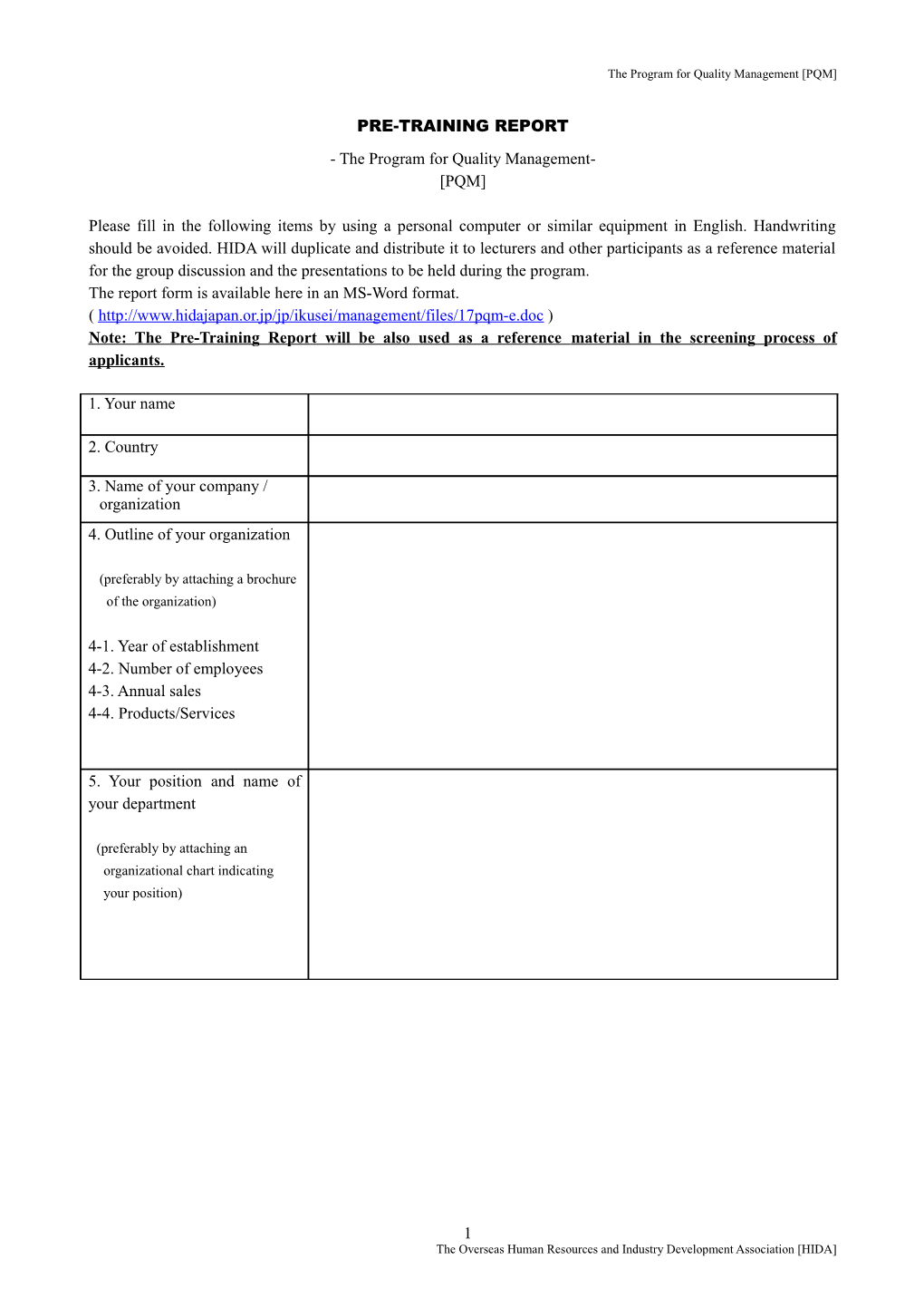 The Program for Quality Management PQM