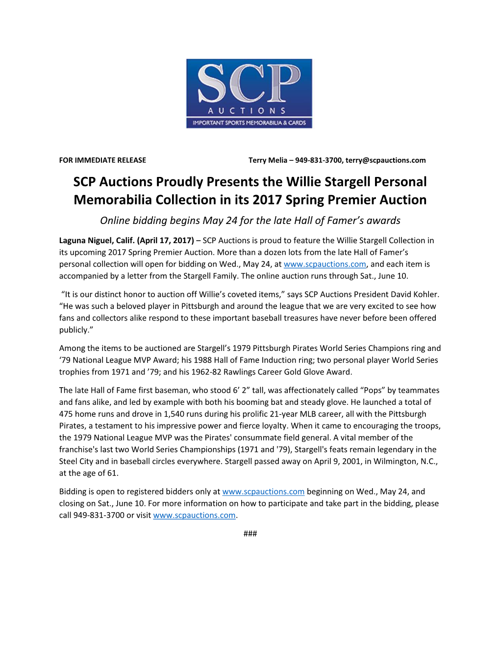 SCP Auctions Proudly Presents the Willie Stargell Personal Memorabilia Collection in Its 2017 Spring Premier Auction