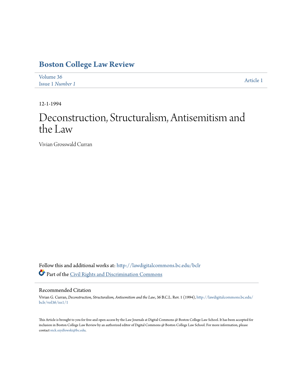 Deconstruction, Structuralism, Antisemitism and the Law Vivian Grosswald Curran