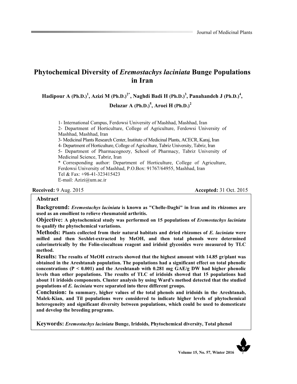 Phytochemical Diversity of Eremostachys Laciniata Bunge Populations in Iran