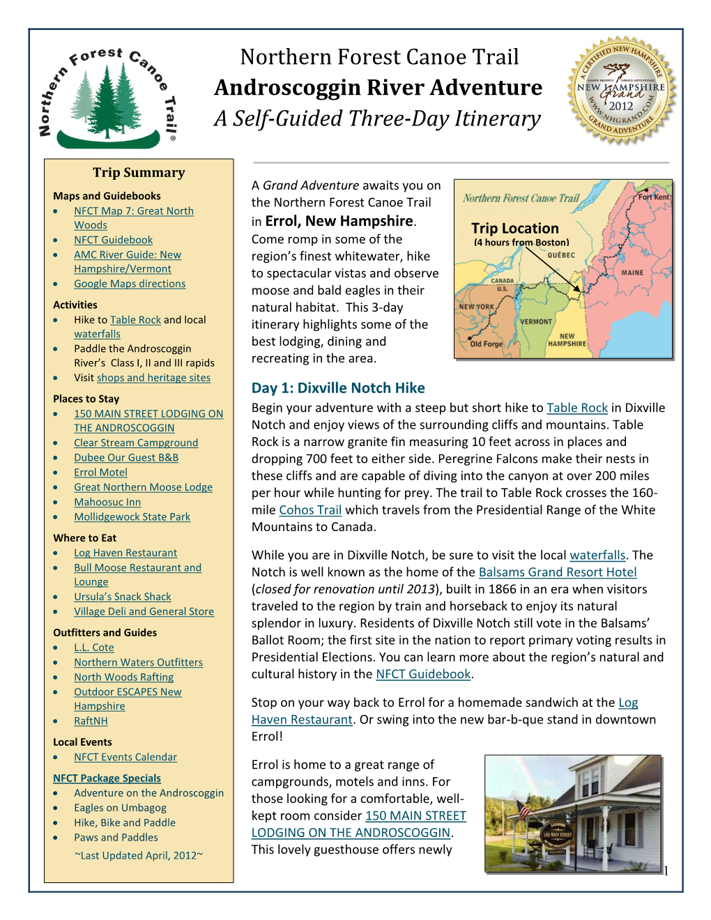 Northern Forest Canoe Trail Androscoggin River Adventure a Self-Guided Three-Day Itinerary