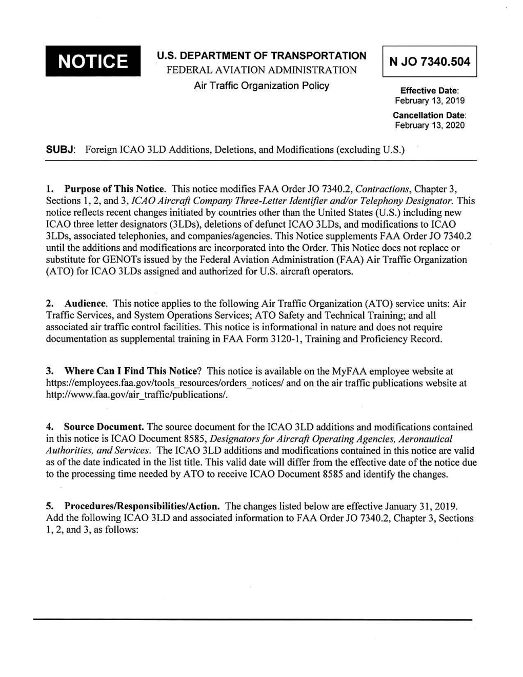 Foreign ICAO 3LD Additions, Deletions, and Modifications (Excluding U.S.)